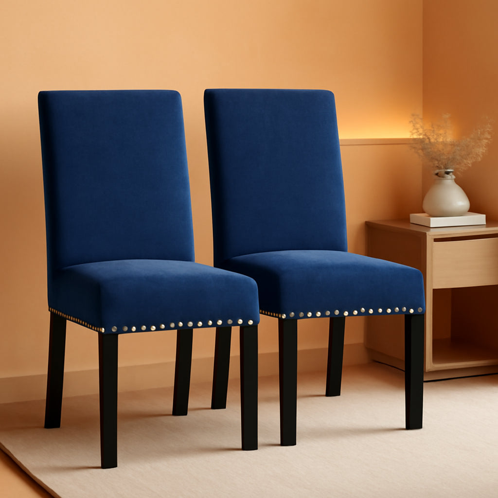 Blue Upholstered Dining Chair Pair With Copper Nailheads
