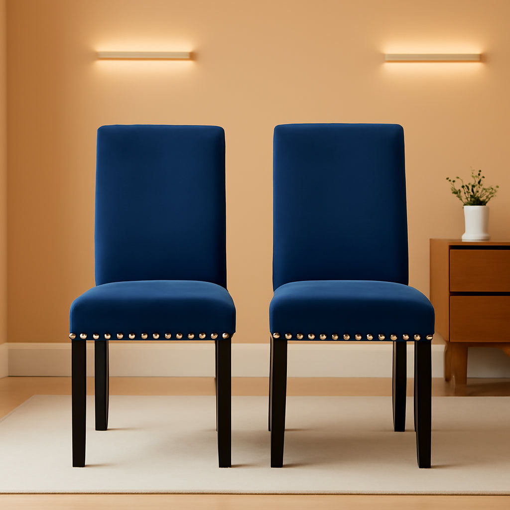 Blue Upholstered Dining Chairs With Copper Nailhead Trim