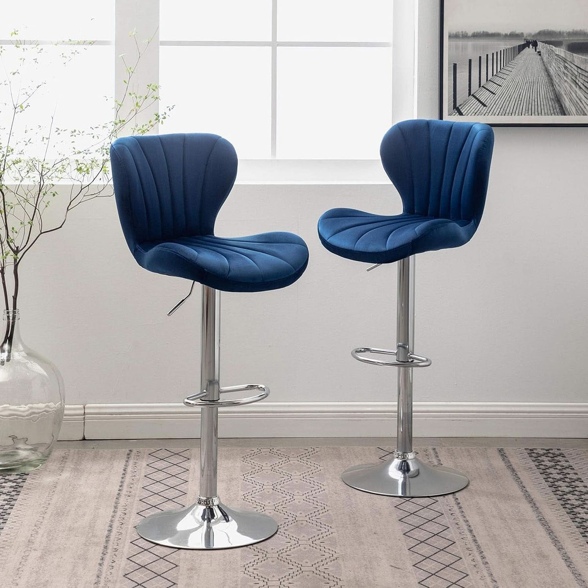 Blue Velvet Adjustable Swivel Bar Stools Set of 2 Modern