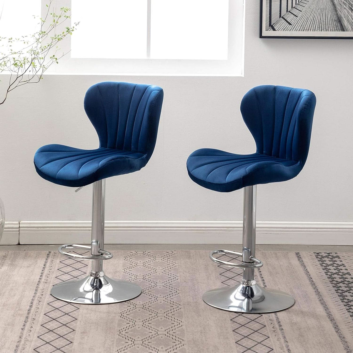 Blue Velvet Adjustable Swivel Bar Stools Set of 2 Modern