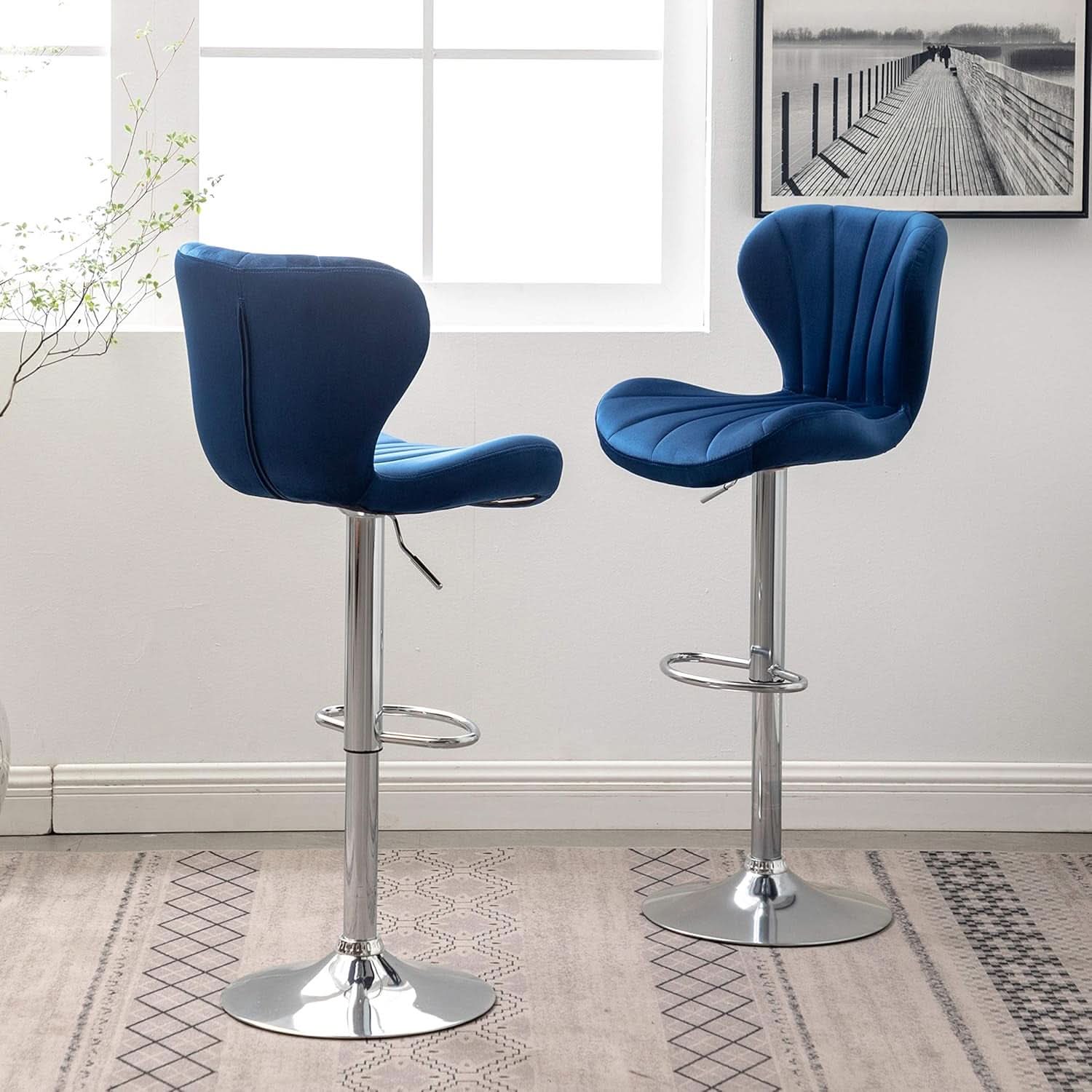 Blue Velvet Adjustable Swivel Bar Stools Set of 2 Modern