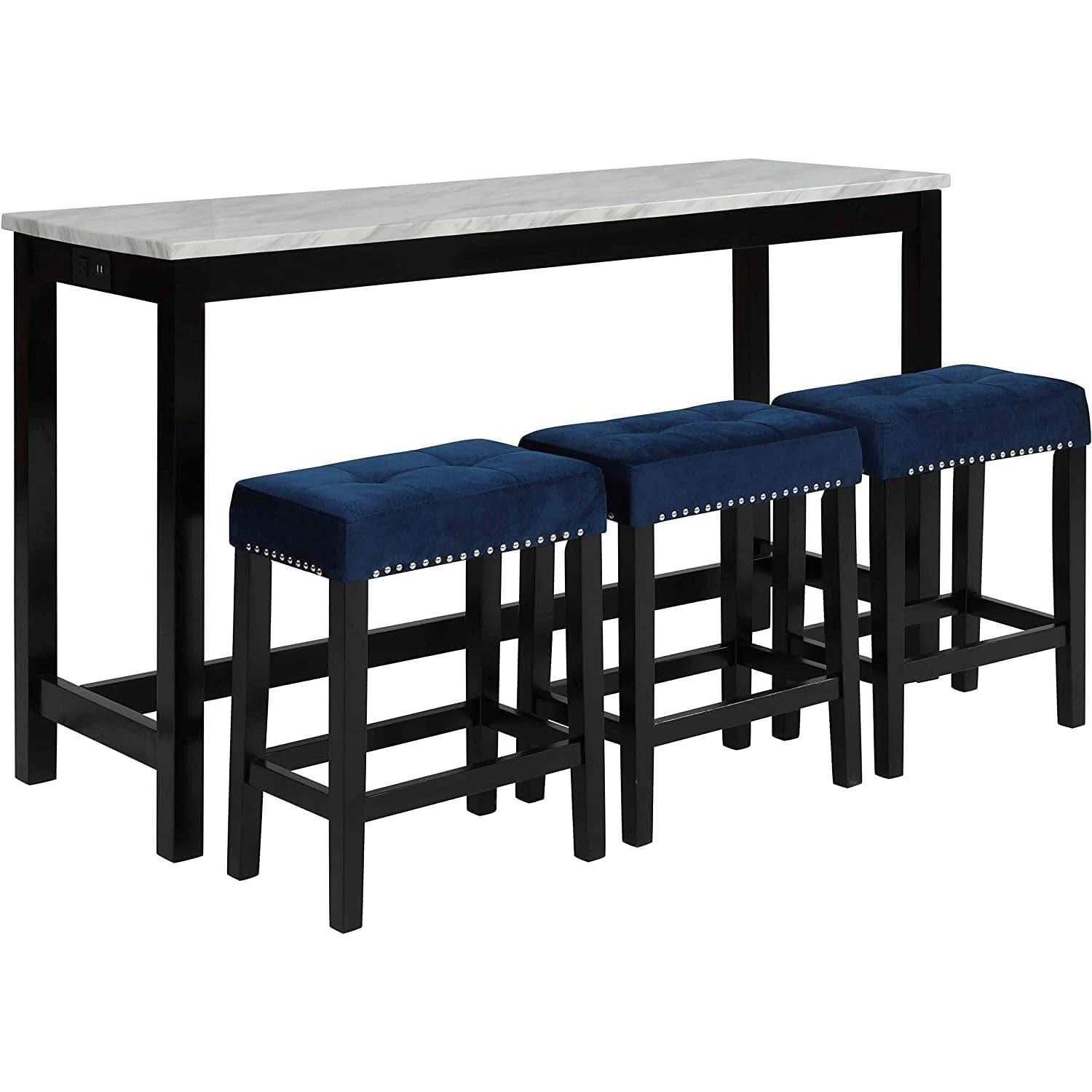 Blue Velvet Bar Table Set With 3 Stools Faux Marble Top