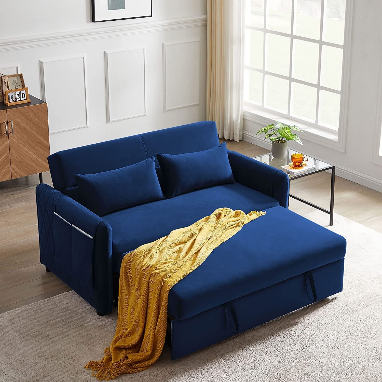 Blue Velvet Convertible Sofa Bed With Adjustable Backrest