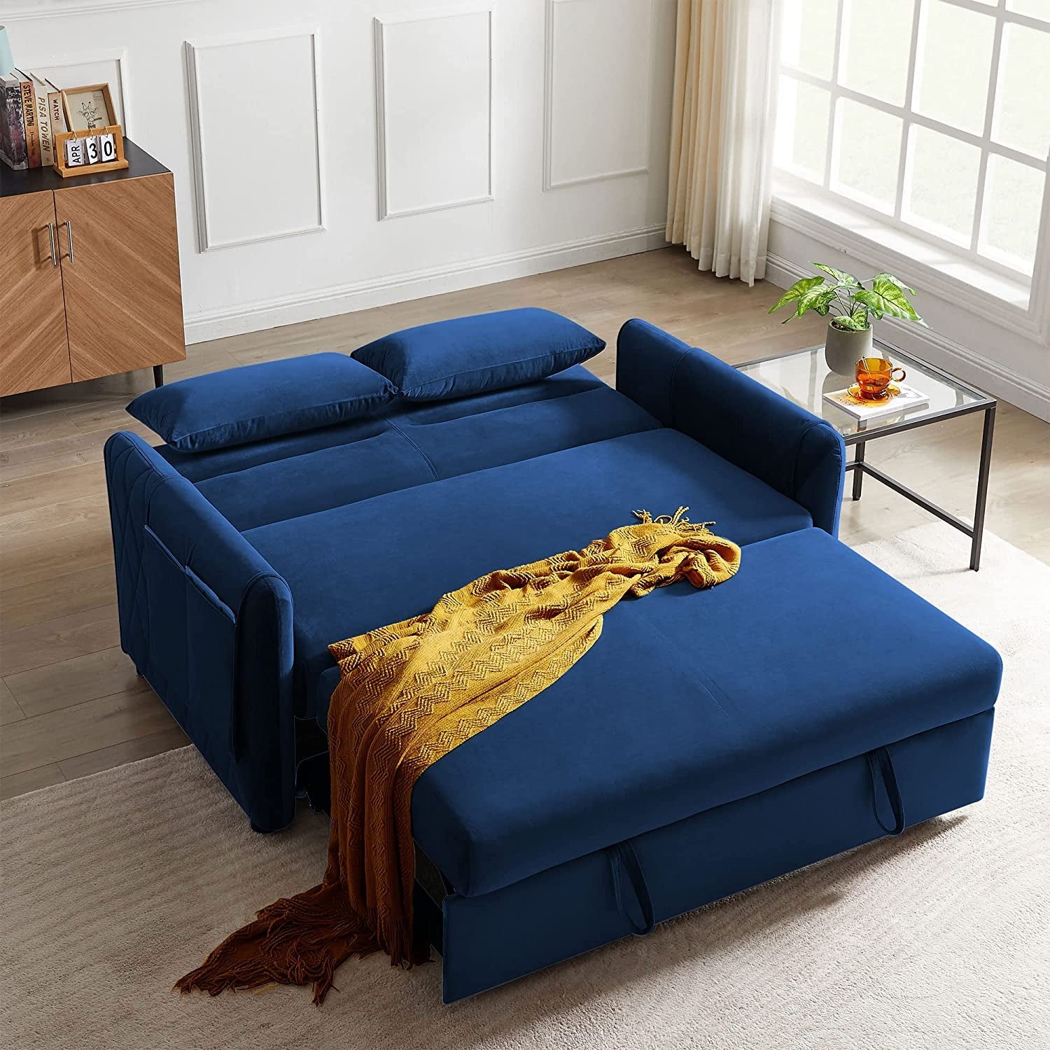 Blue Velvet Convertible Sofa Bed With Adjustable Backrest
