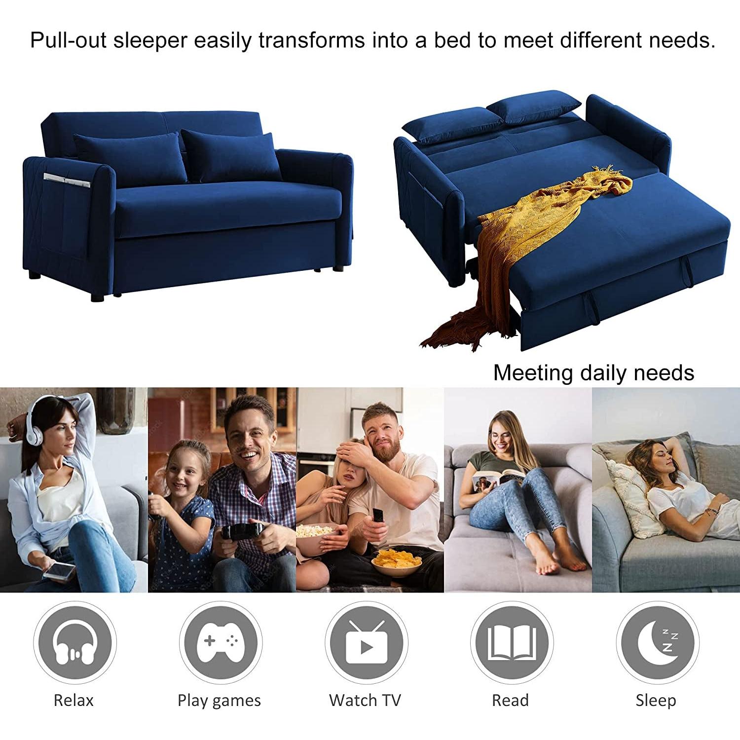 Blue Velvet Convertible Sofa Bed With Adjustable Backrest
