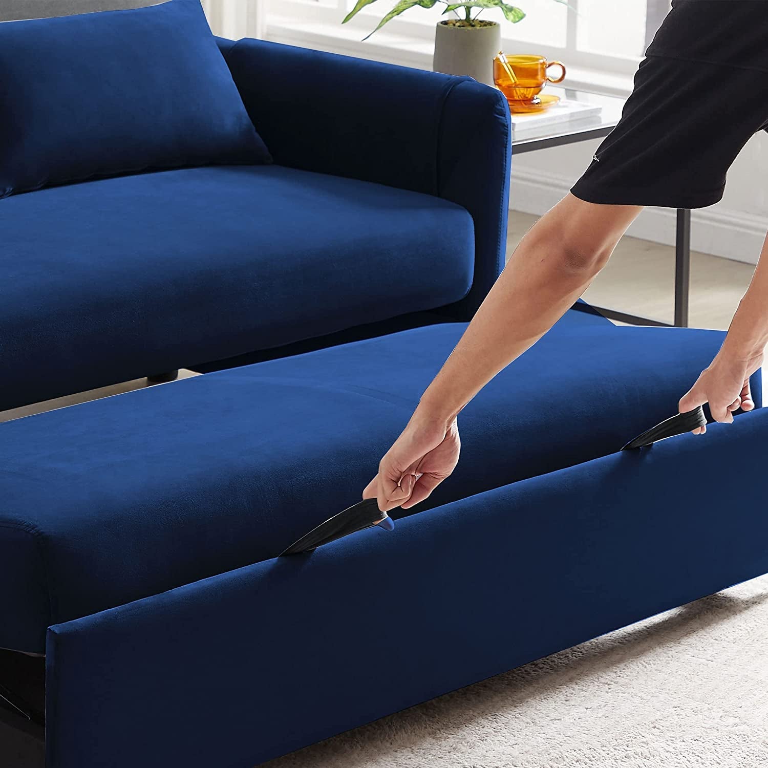 Blue Velvet Convertible Sofa Bed With Adjustable Backrest