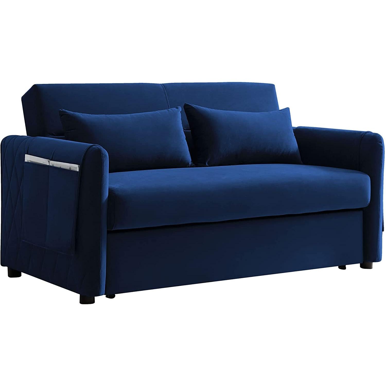 Blue Velvet Convertible Sofa Bed With Adjustable Backrest
