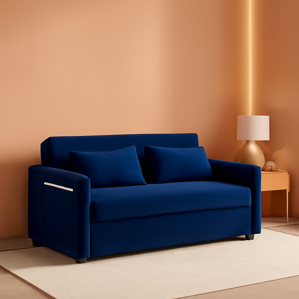 Blue Velvet Convertible Sofa Bed With Adjustable Backrest