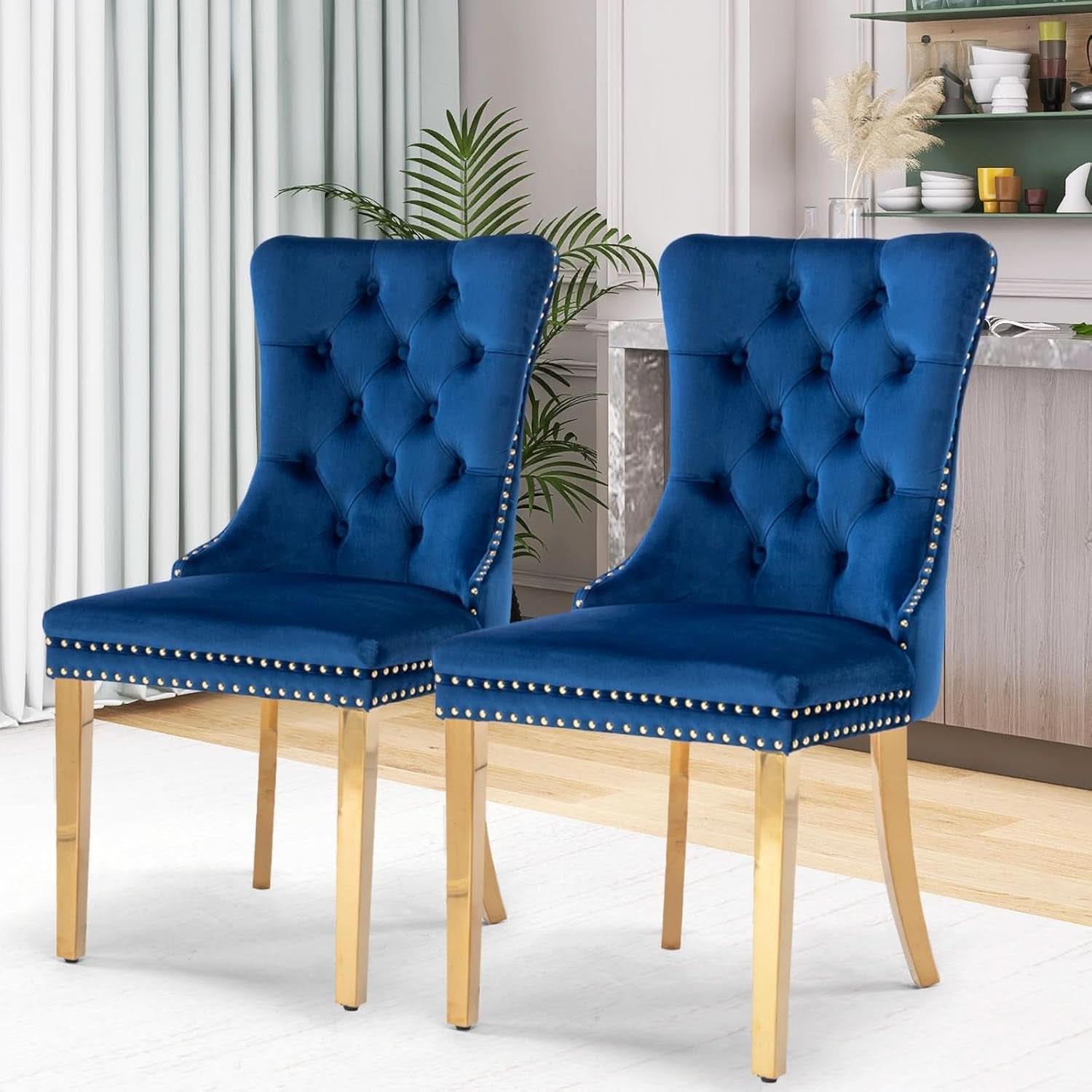 Blue Velvet Dining Chair Set Of 2 With Tufted Nailhead Trim