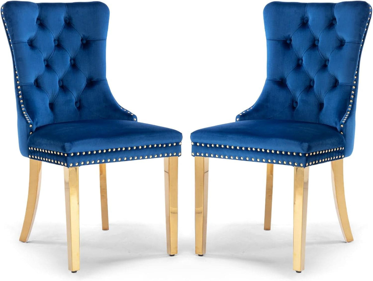 Blue Velvet Dining Chair Set Of 2 With Tufted Nailhead Trim