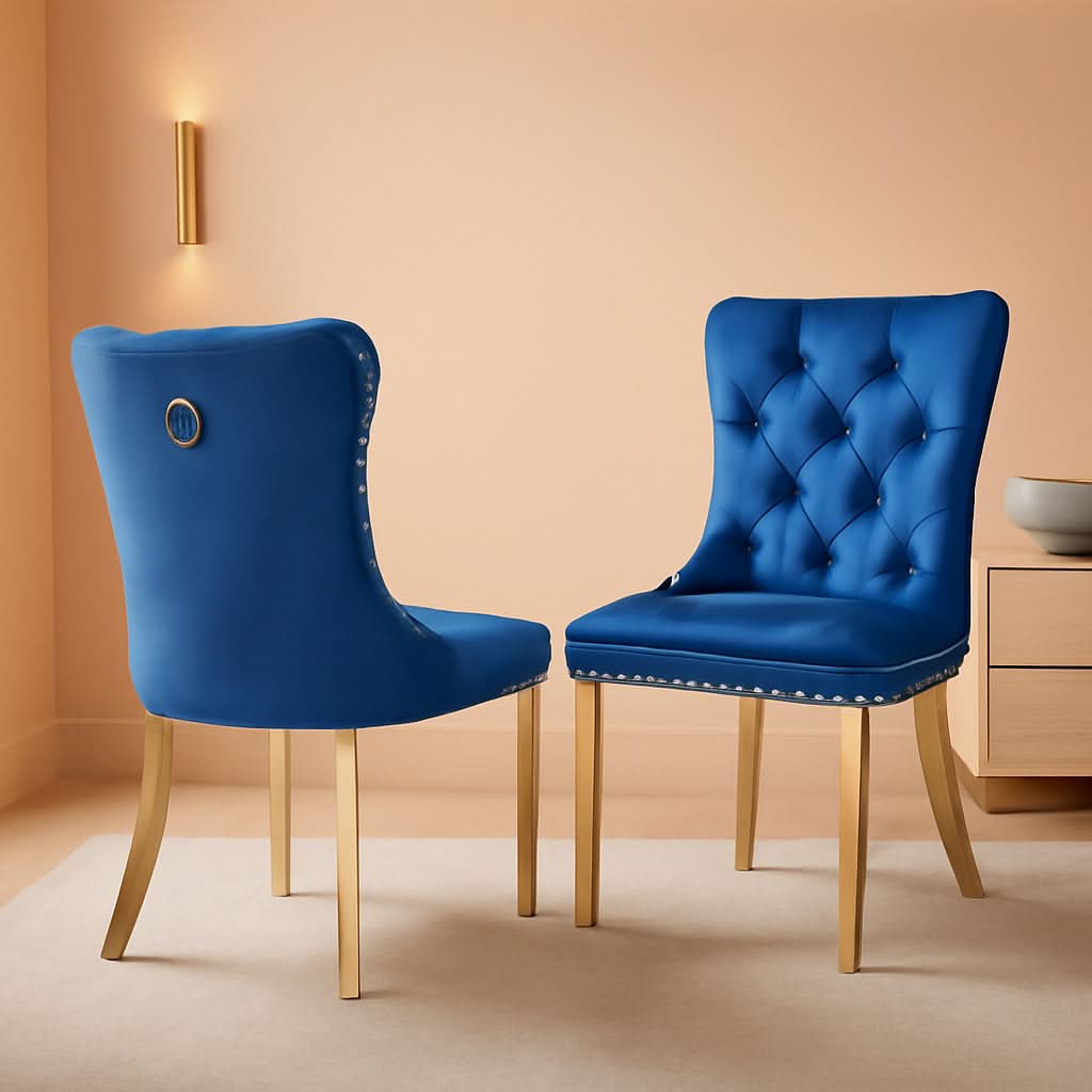 Blue Velvet Dining Chair Set Of 2 With Tufted Nailhead Trim