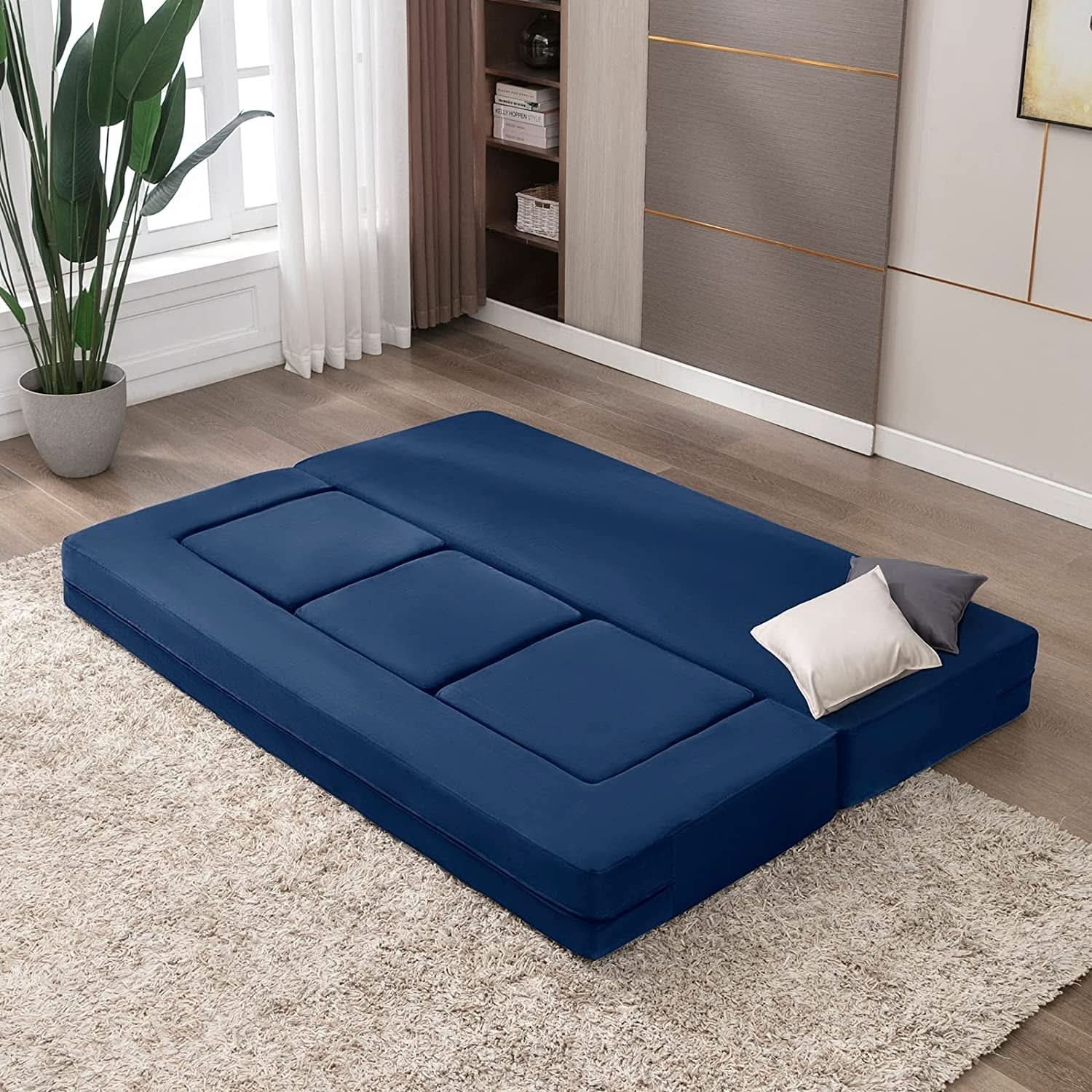 Blue Velvet Futon Sofa Bed With Ottomans For Small Spaces