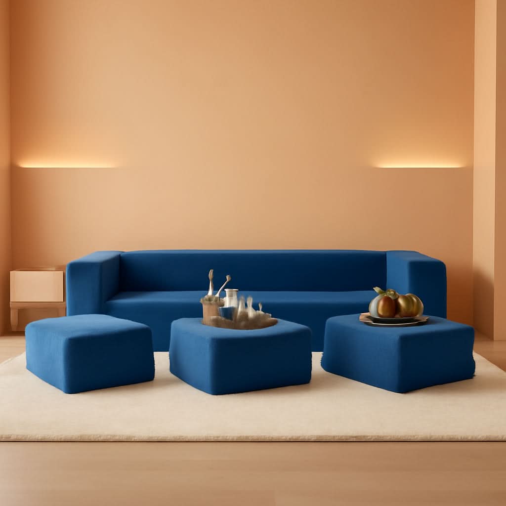 Blue Velvet Futon Sofa Bed With Ottomans For Small Spaces