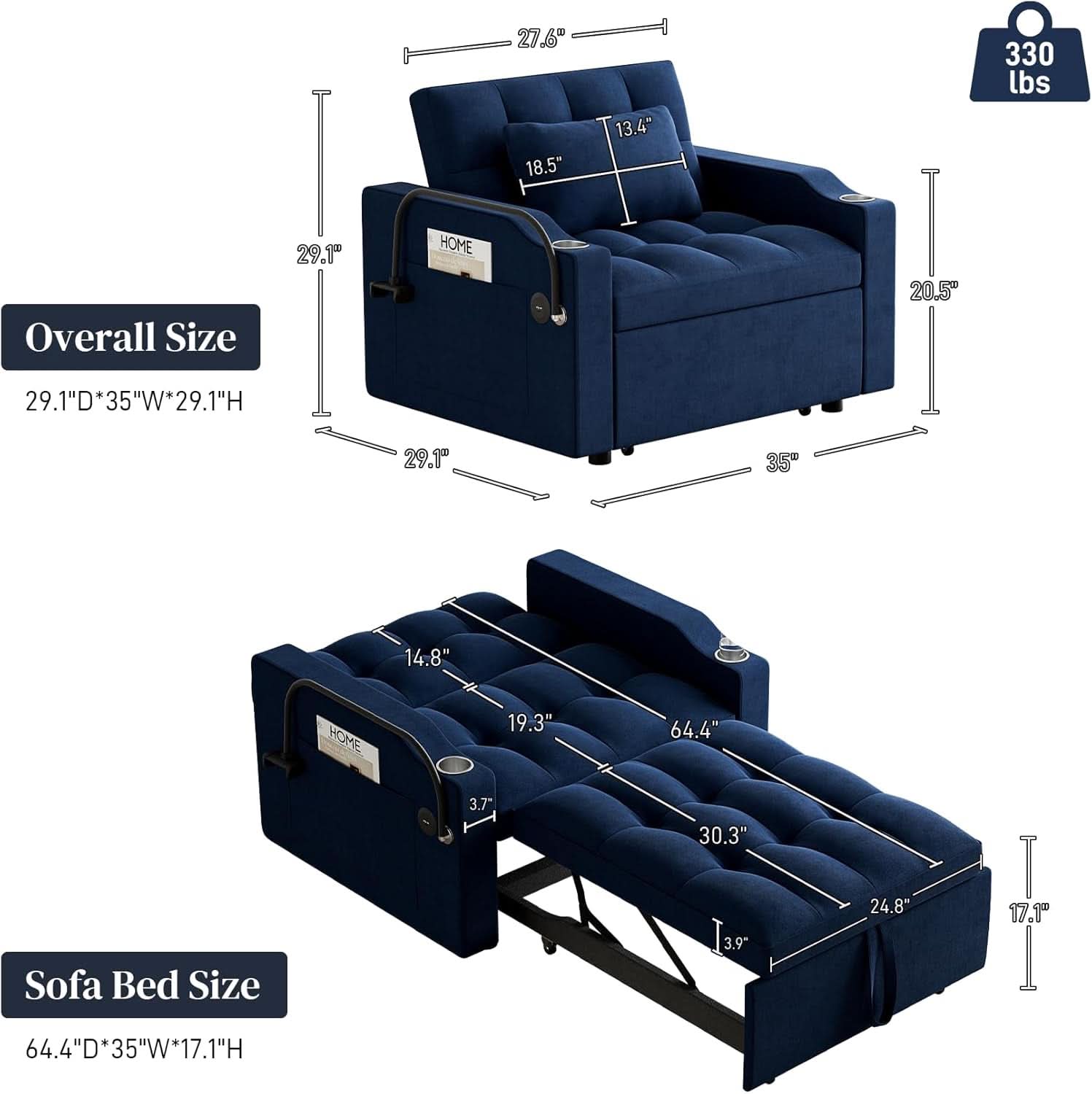 Blue Velvet SpaceSaving Convertible Sofa Chair USB