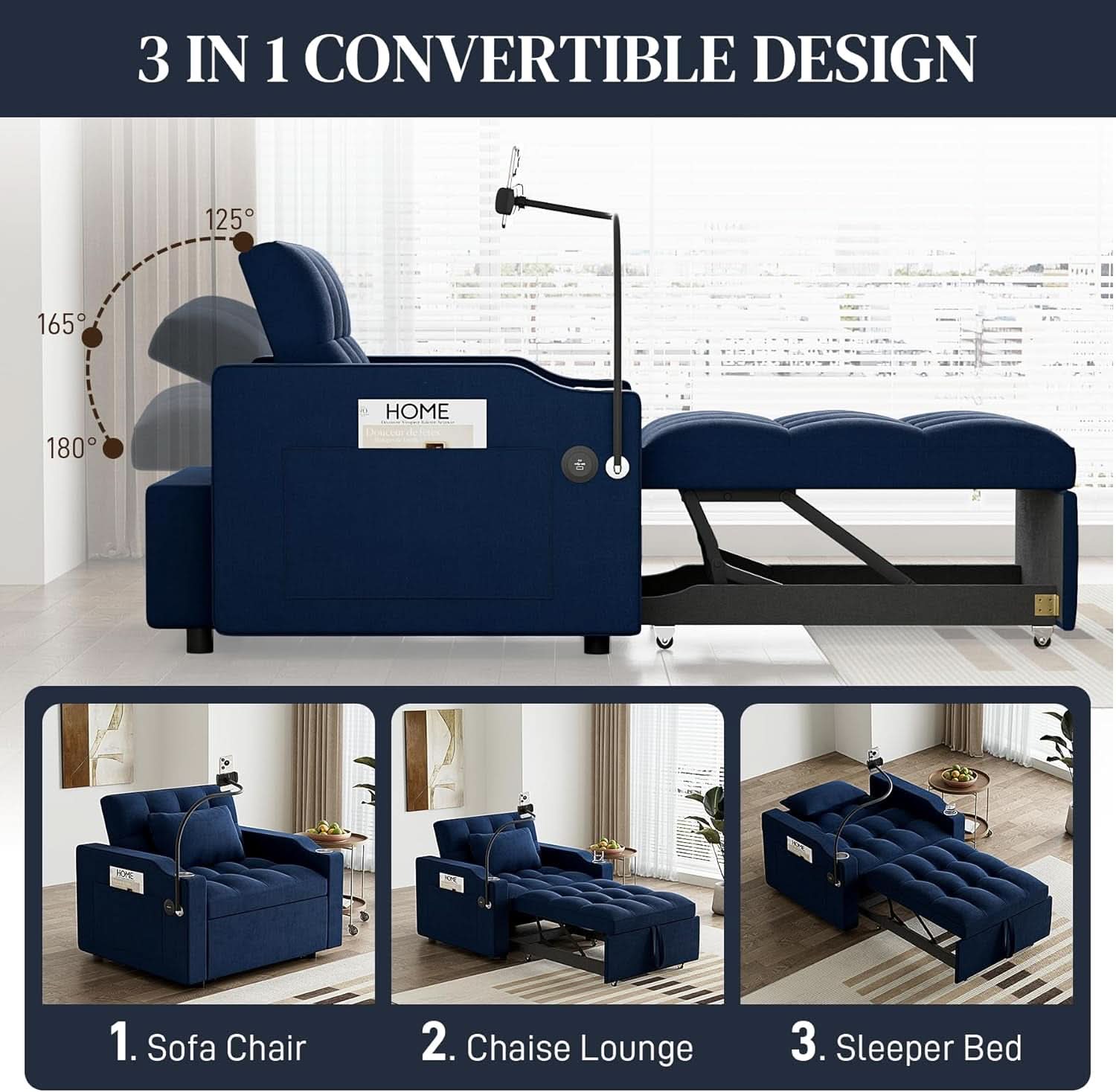Blue Velvet SpaceSaving Convertible Sofa Chair USB