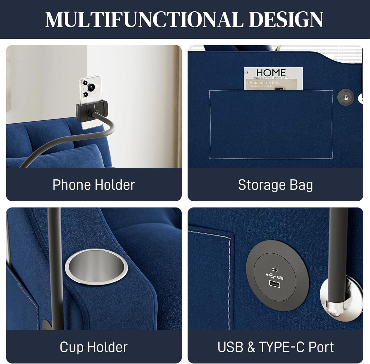 Blue Velvet SpaceSaving Convertible Sofa Chair USB