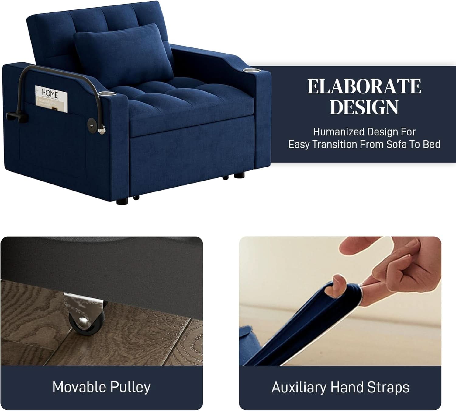 Blue Velvet SpaceSaving Convertible Sofa Chair USB