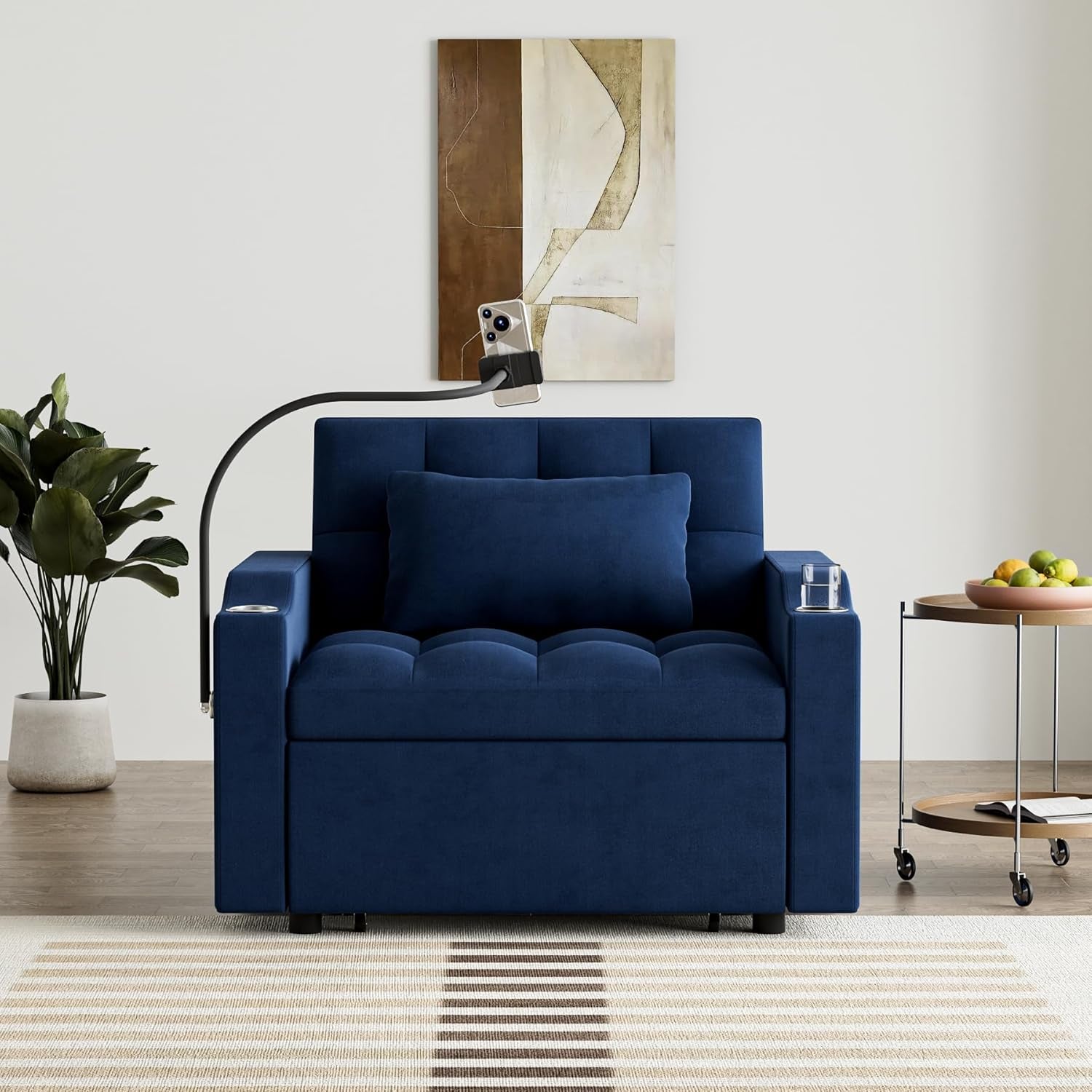 Blue Velvet SpaceSaving Convertible Sofa Chair USB