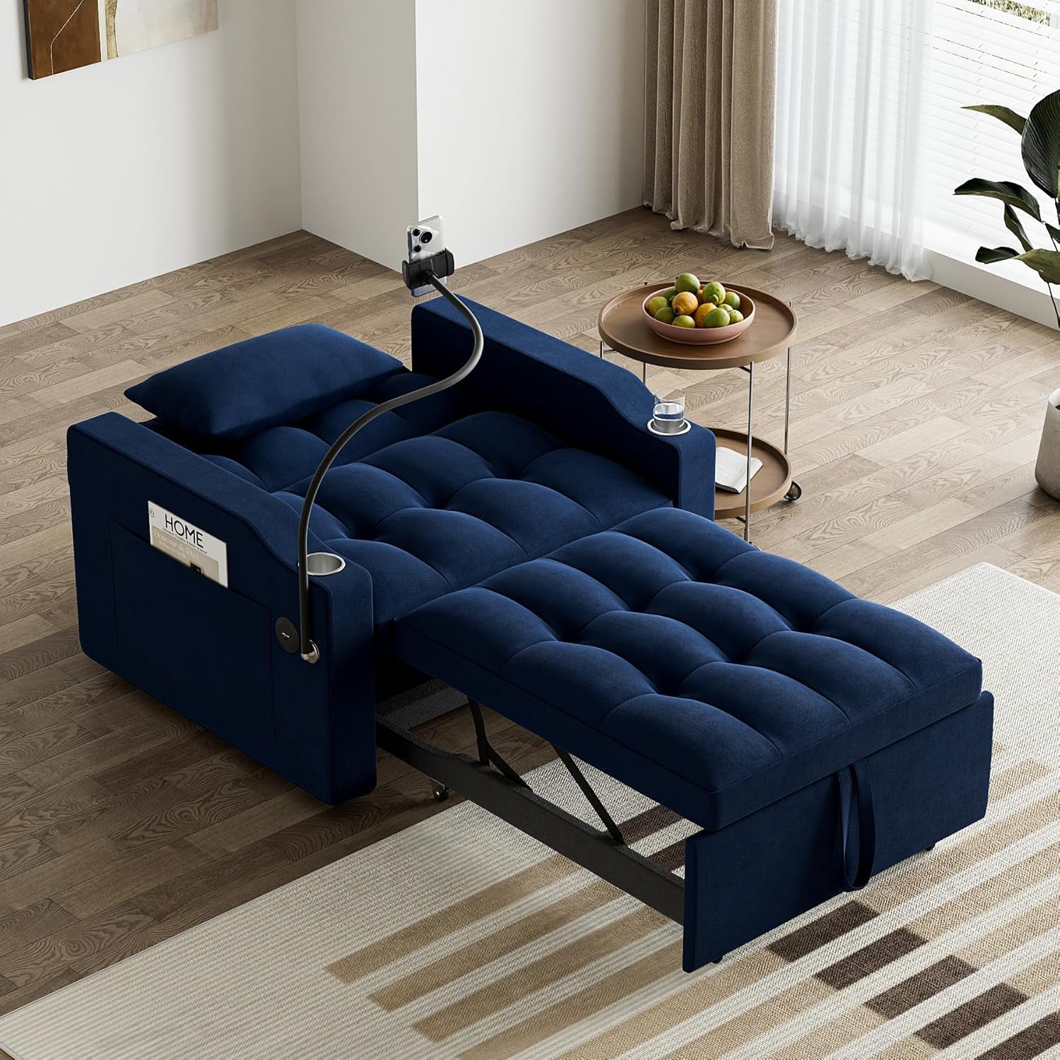 Blue Velvet SpaceSaving Convertible Sofa Chair USB