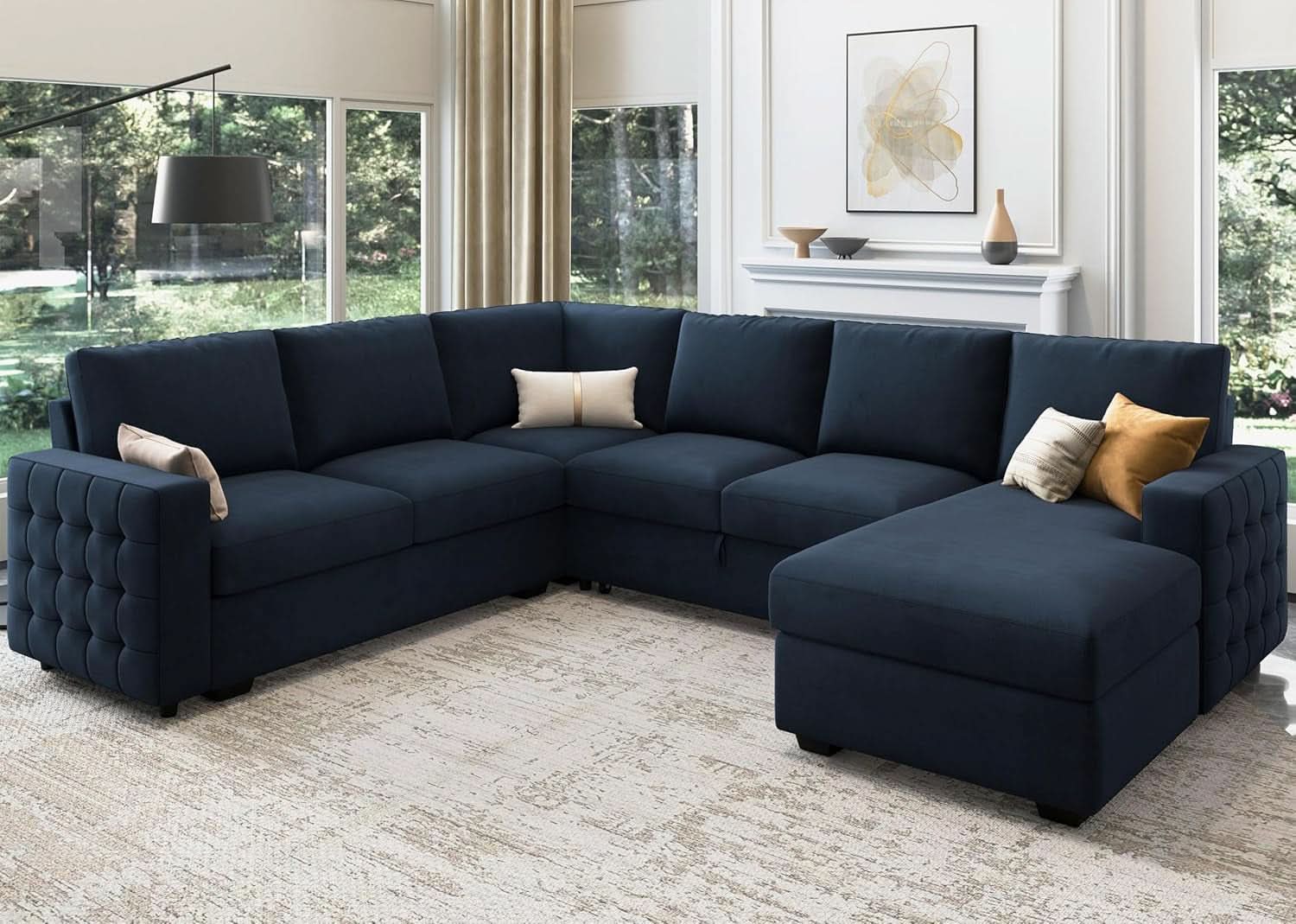 Blue Velvet U Shaped Sleeper Sofa With Pull Out Bed