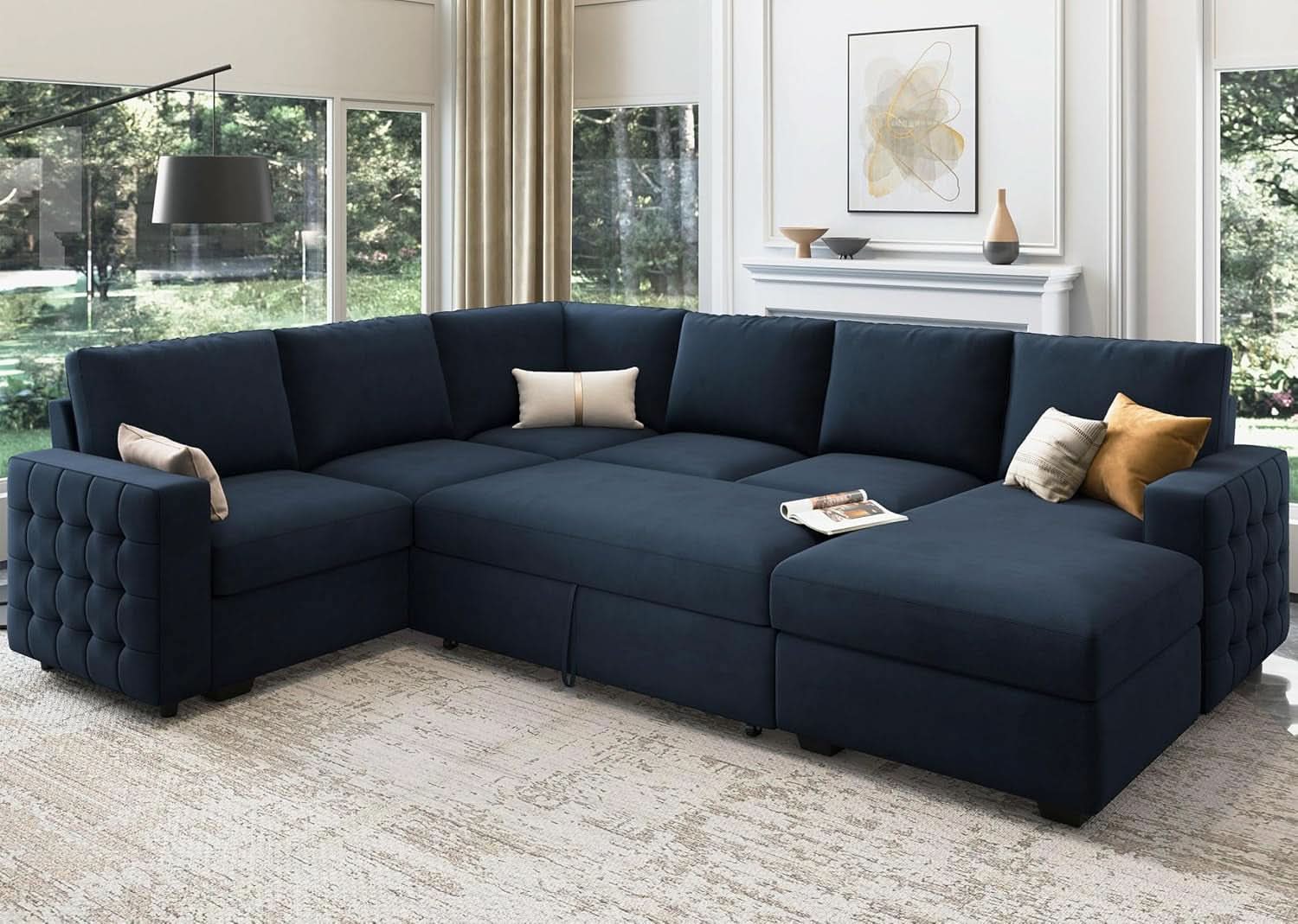 Blue Velvet U Shaped Sleeper Sofa With Pull Out Bed