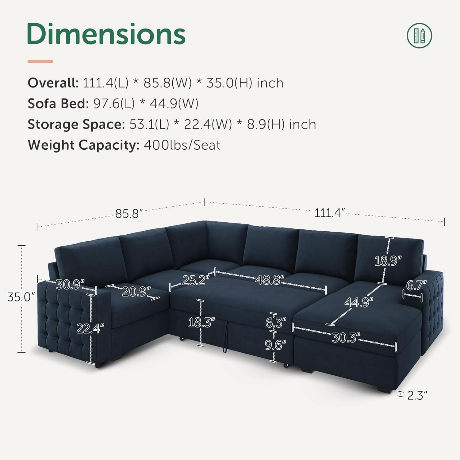 Blue Velvet U Shaped Sleeper Sofa With Pull Out Bed