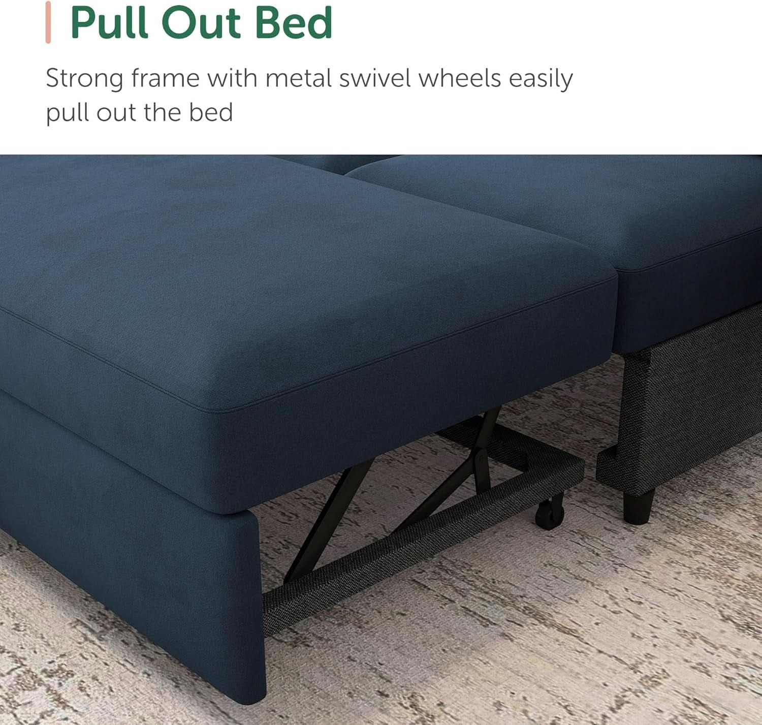 Blue Velvet U Shaped Sleeper Sofa With Pull Out Bed