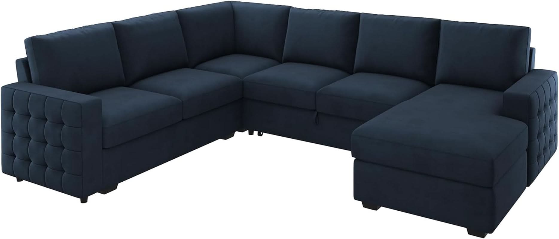 Blue Velvet U Shaped Sleeper Sofa With Pull Out Bed