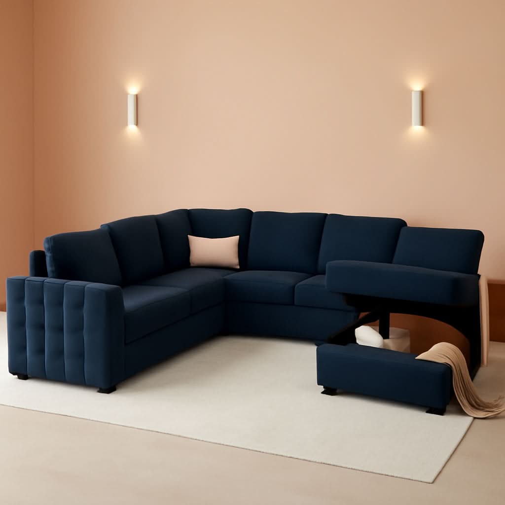 Blue Velvet U Shaped Sleeper Sofa With Pull Out Bed