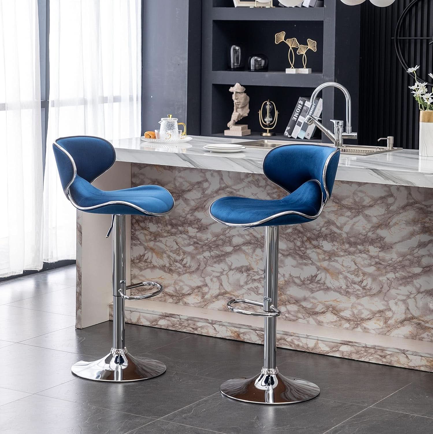 Blue Velvet Upholstered Adjustable Swivel Barstool Set Of 2