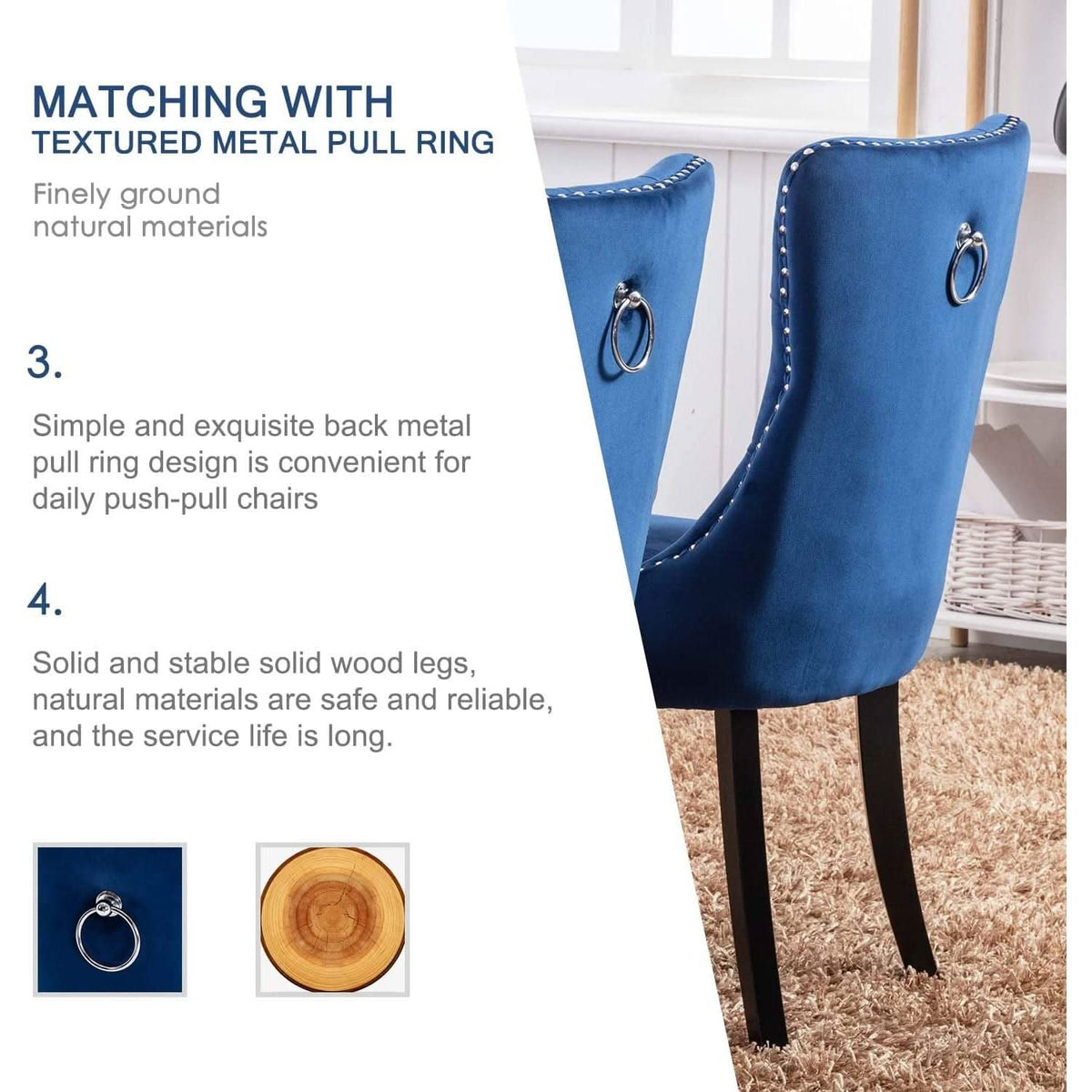 Blue Velvet Upholstered Dining Chairs Set Of 6 Studded