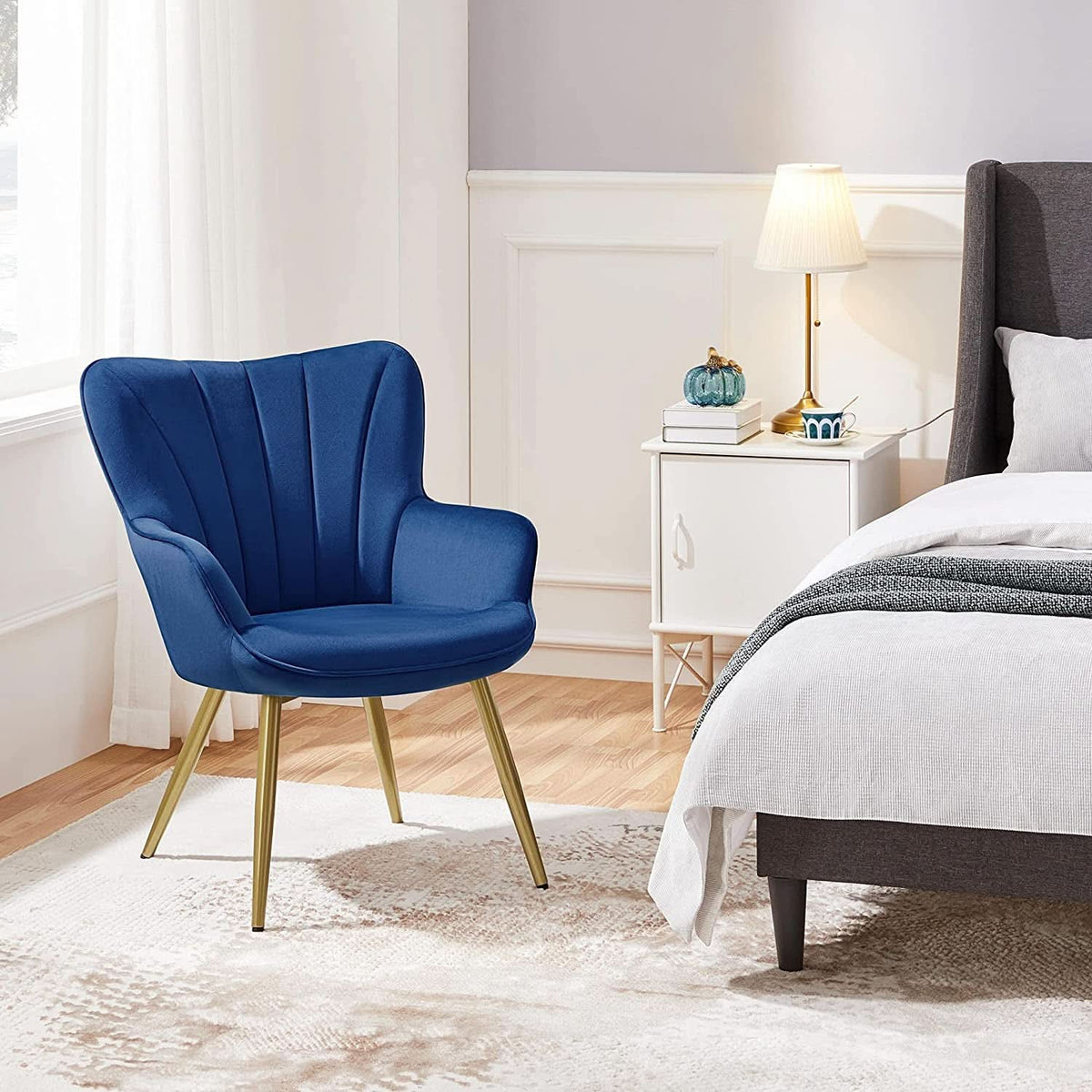 Blue Velvet Wingback Chair With Metal Legs For Living Room