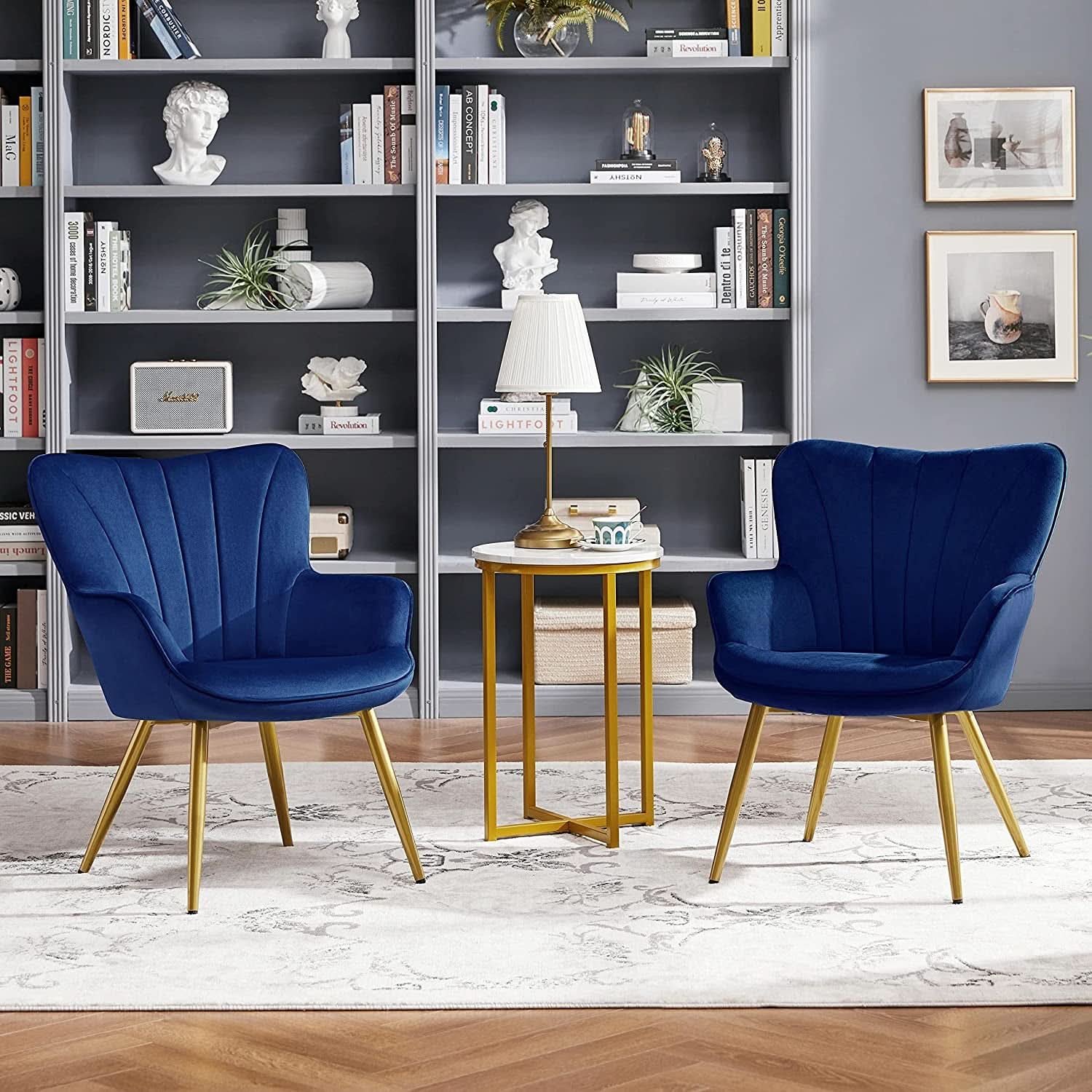 Blue Velvet Wingback Chair With Metal Legs For Living Room