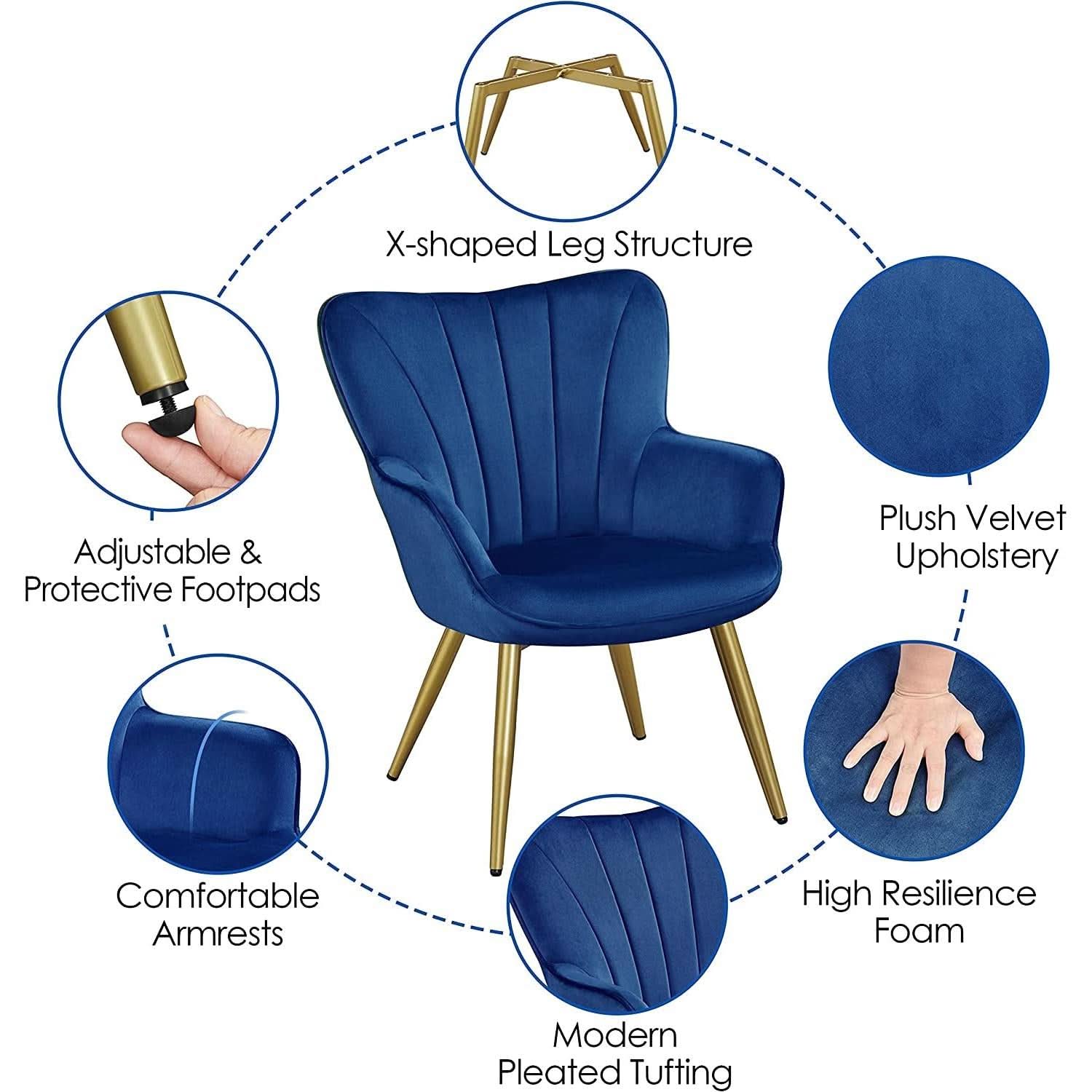 Blue Velvet Wingback Chair With Metal Legs For Living Room