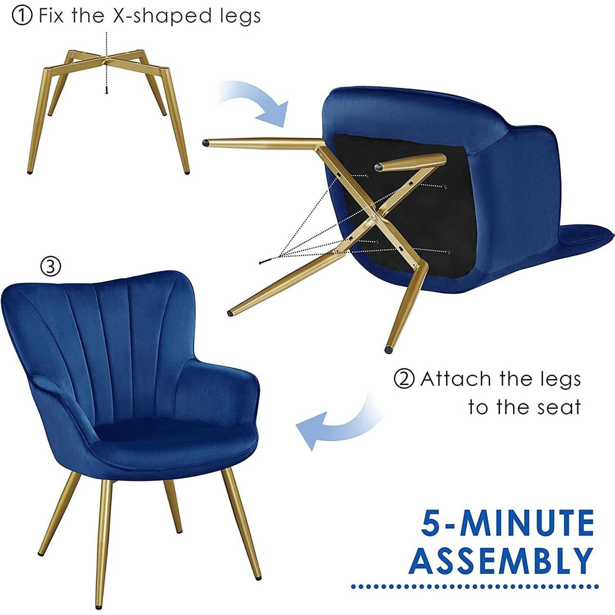 Blue Velvet Wingback Chair With Metal Legs For Living Room