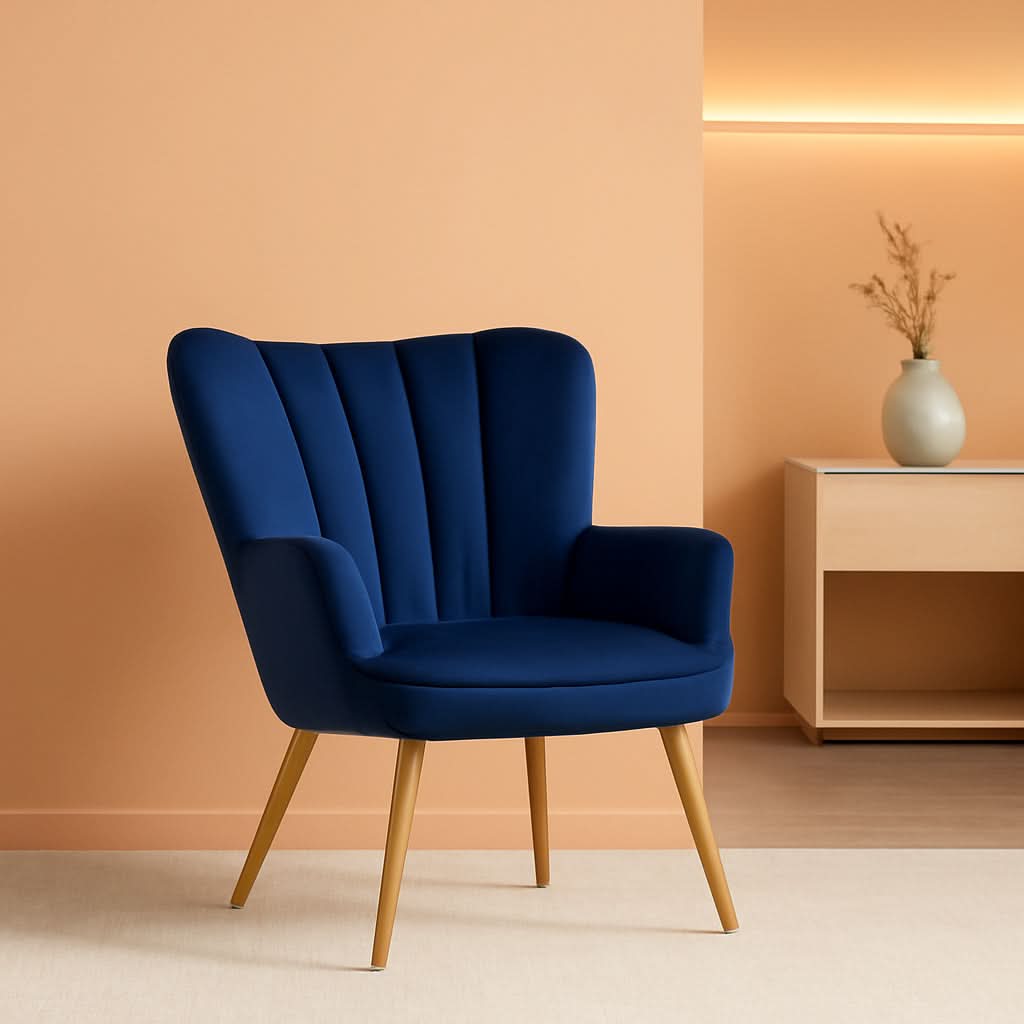Blue Velvet Wingback Chair With Metal Legs For Living Room