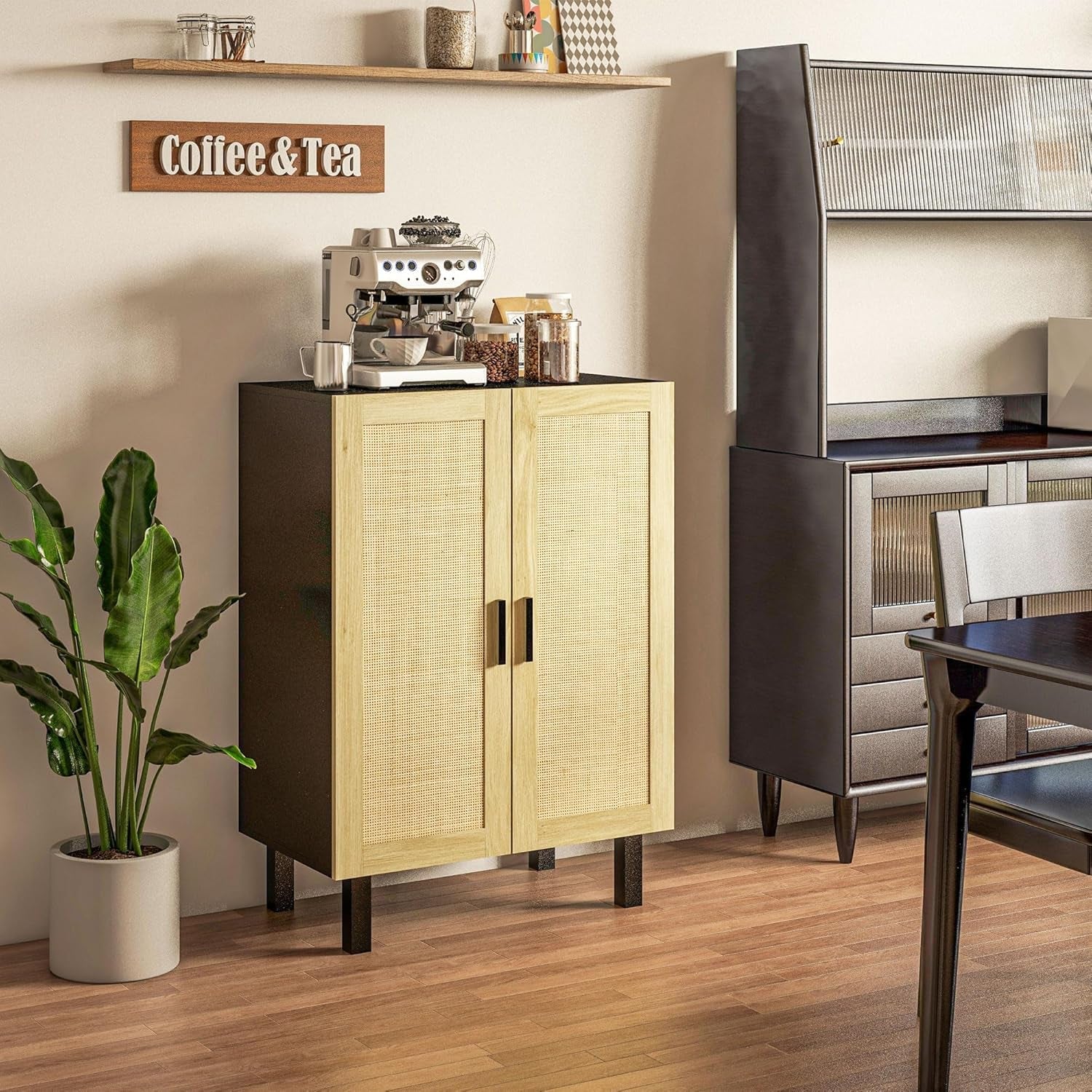 Boho Chic Sideboard Buffet Cabinet With Rattan Doors And Adjustable Shelves