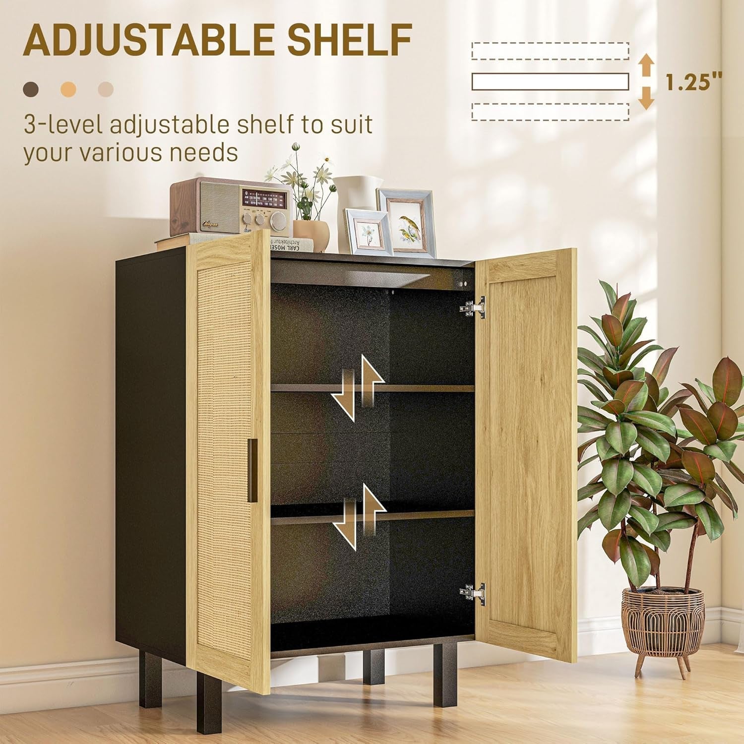 Boho Chic Sideboard Buffet Cabinet With Rattan Doors And Adjustable Shelves