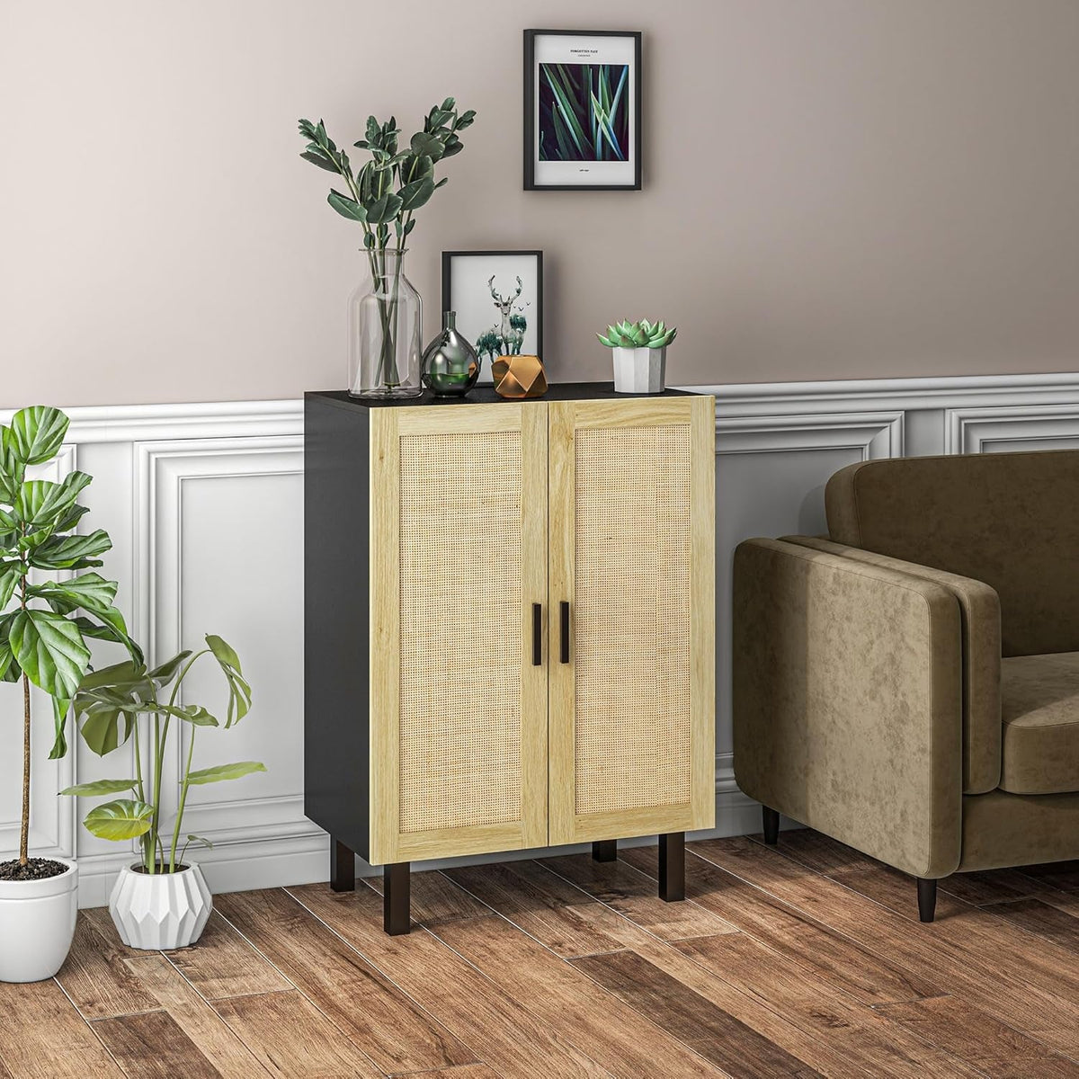 Boho Chic Sideboard Buffet Cabinet With Rattan Doors And Adjustable Shelves