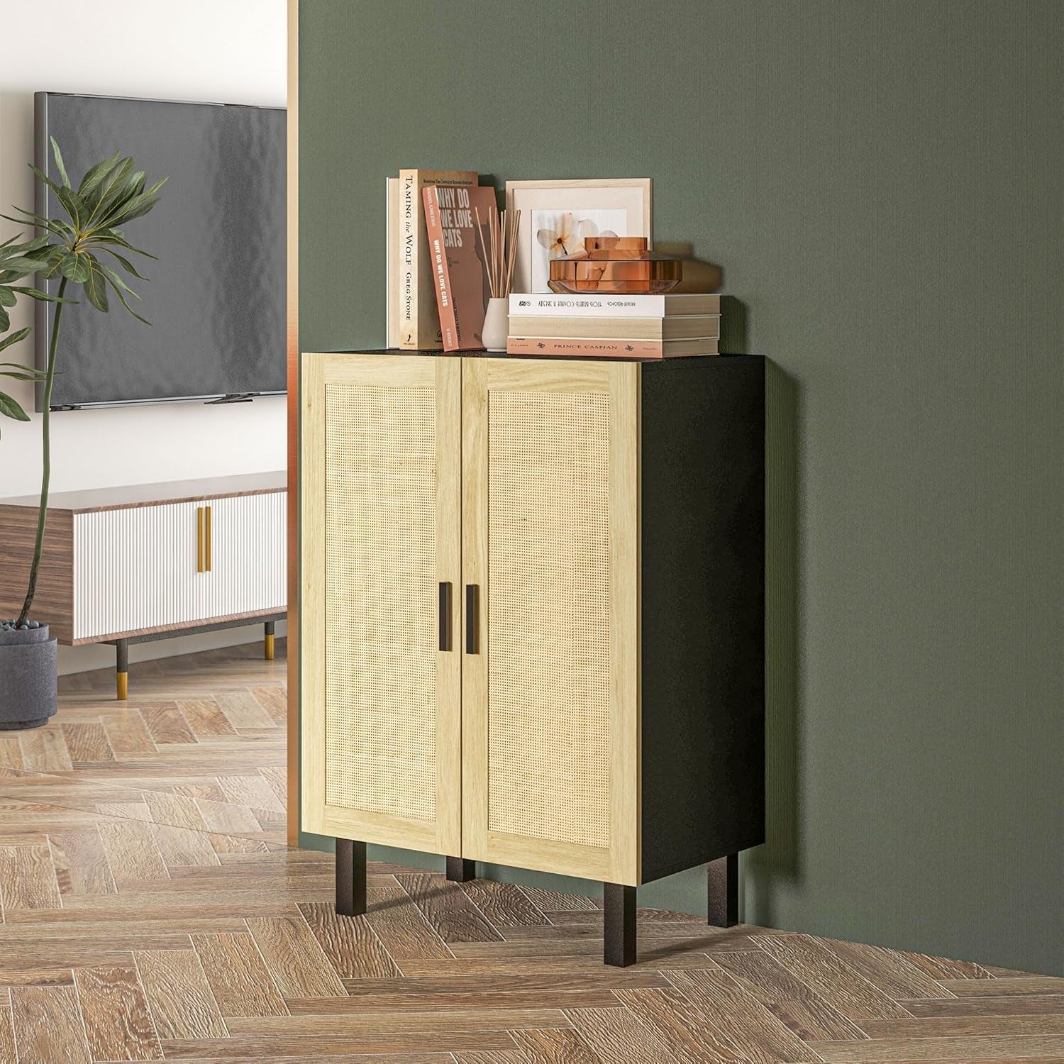 Boho Chic Sideboard Buffet Cabinet With Rattan Doors And Adjustable Shelves