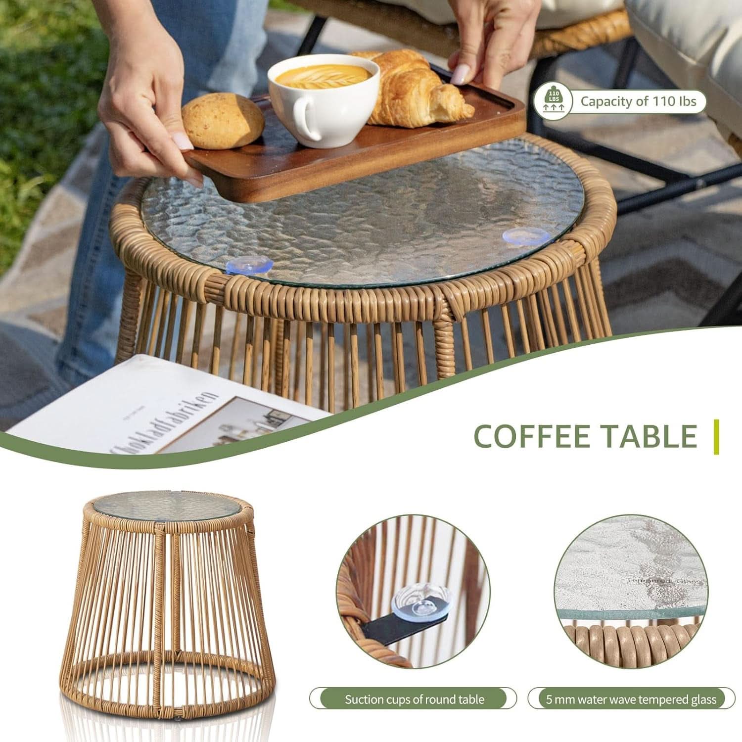 Boho Patio Furniture Set Of 3 With Round Glass Table