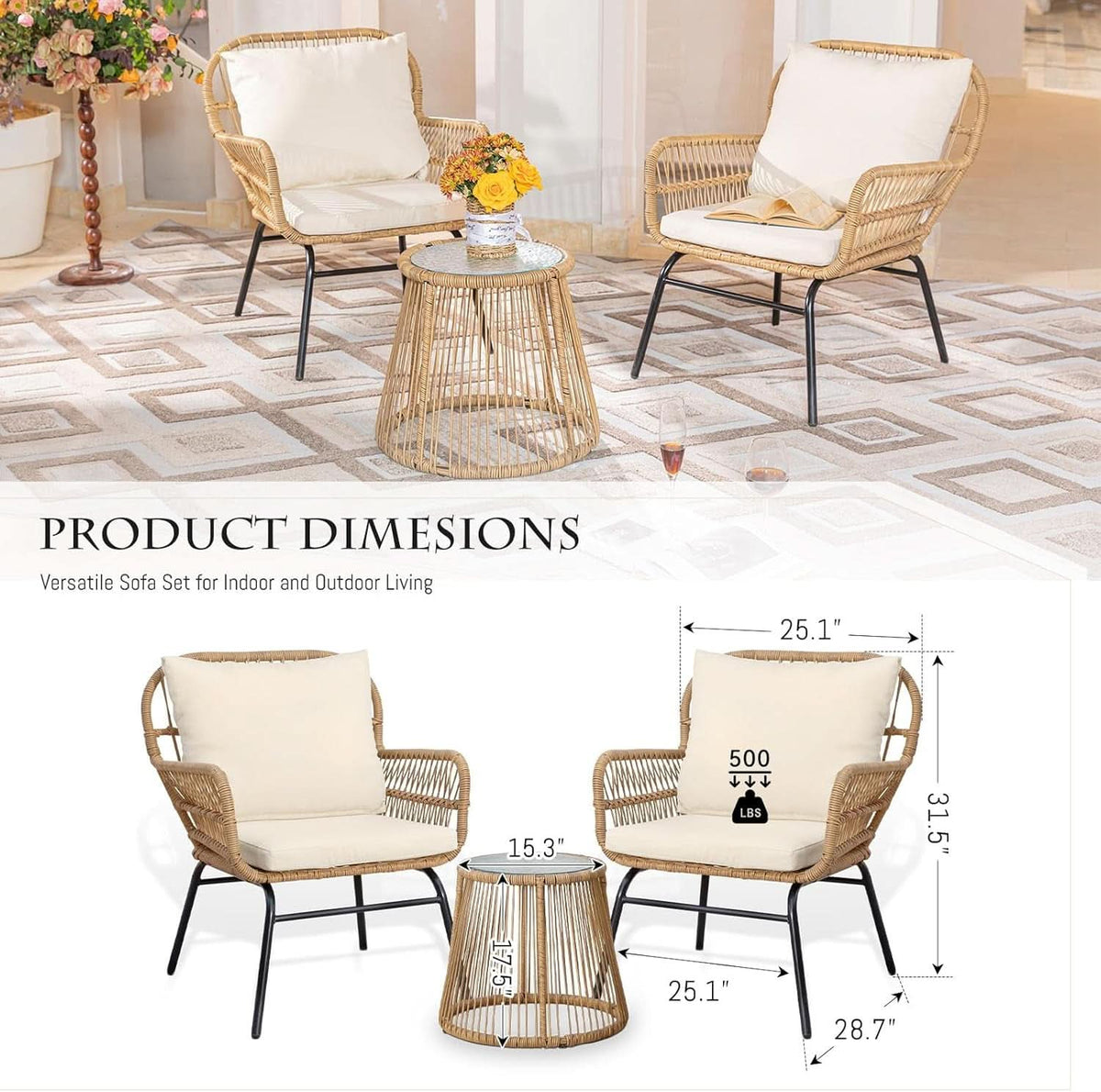 Boho Patio Furniture Set Of 3 With Round Glass Table