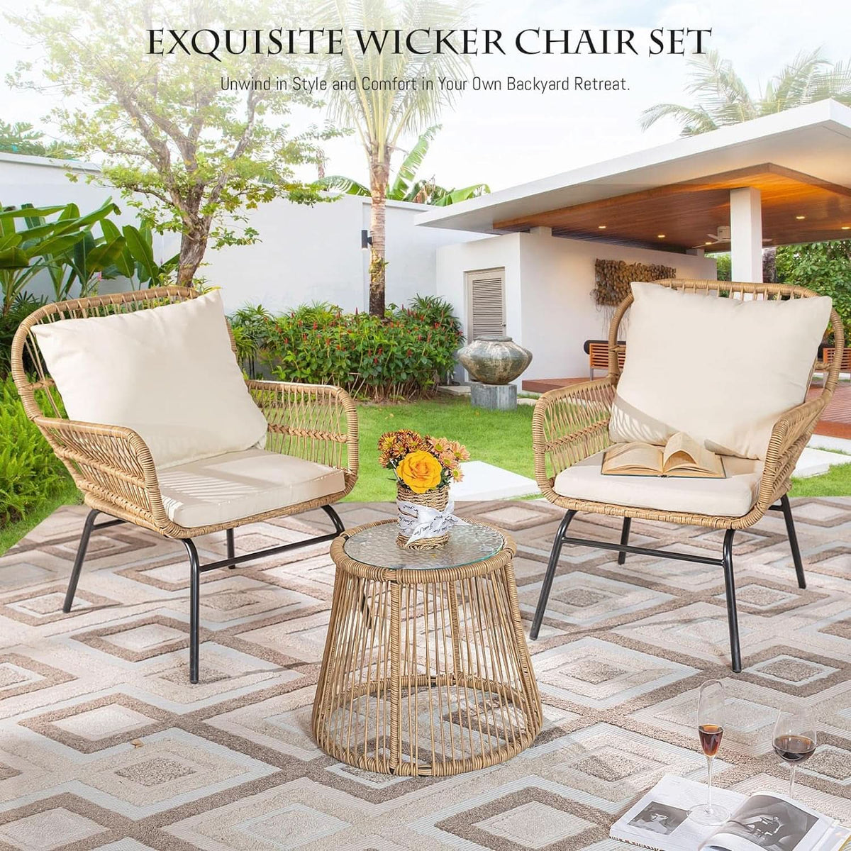 Boho Patio Furniture Set Of 3 With Round Glass Table