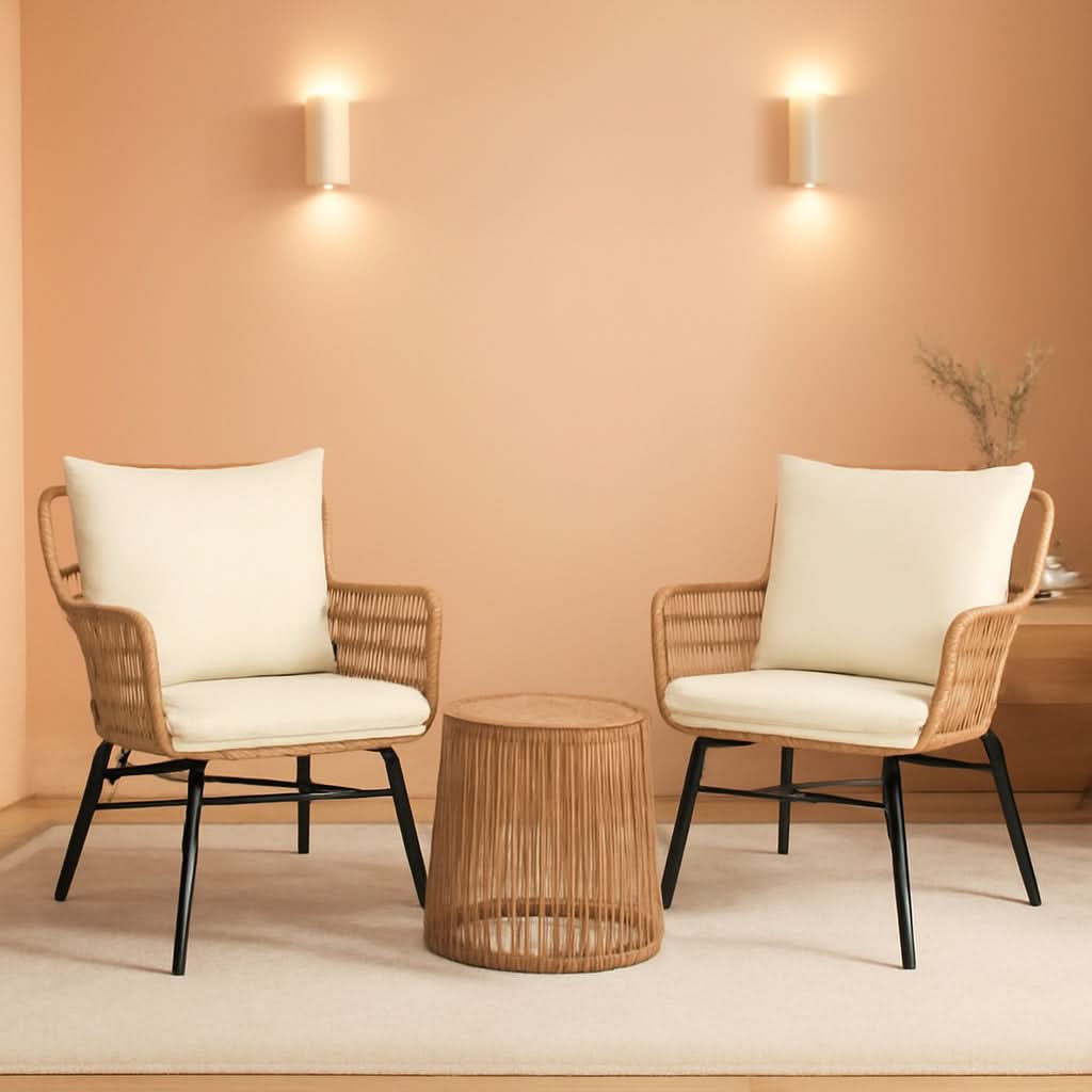 Boho Patio Furniture Set Of 3 With Round Glass Table