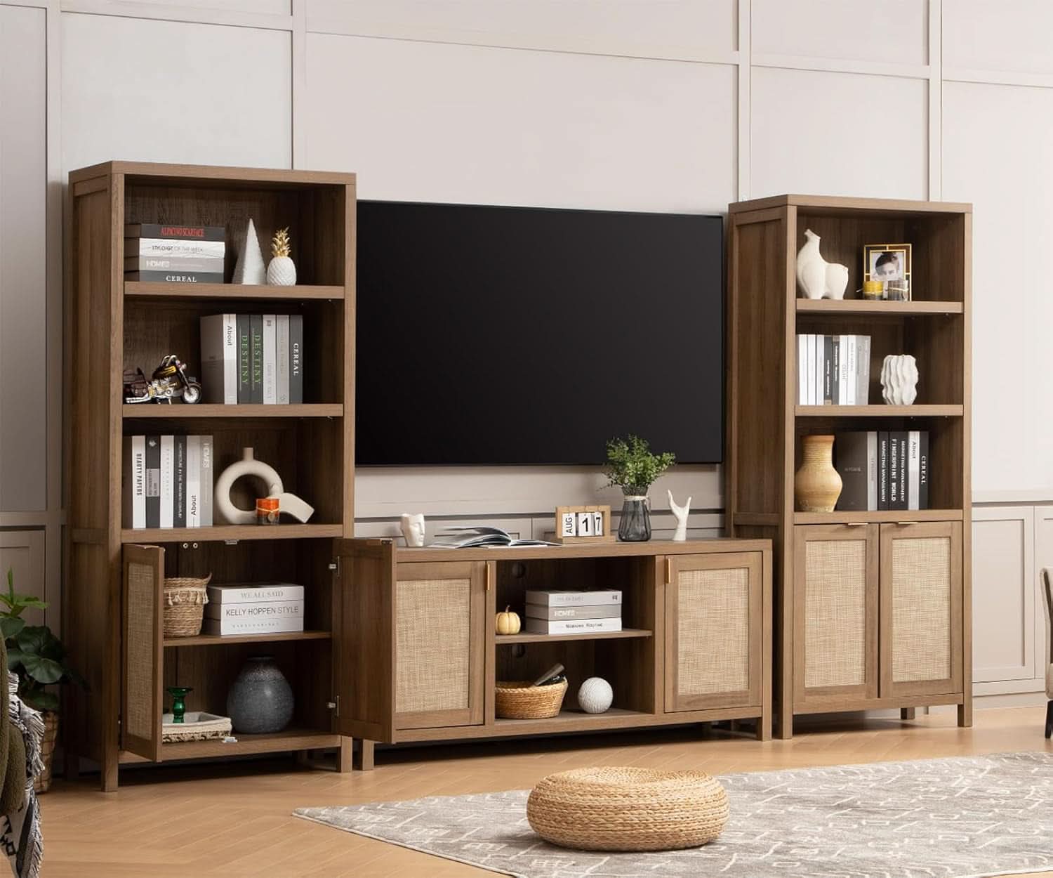 Boho Rattan TV Stand With Adjustable Shelves 59 Inch Oak