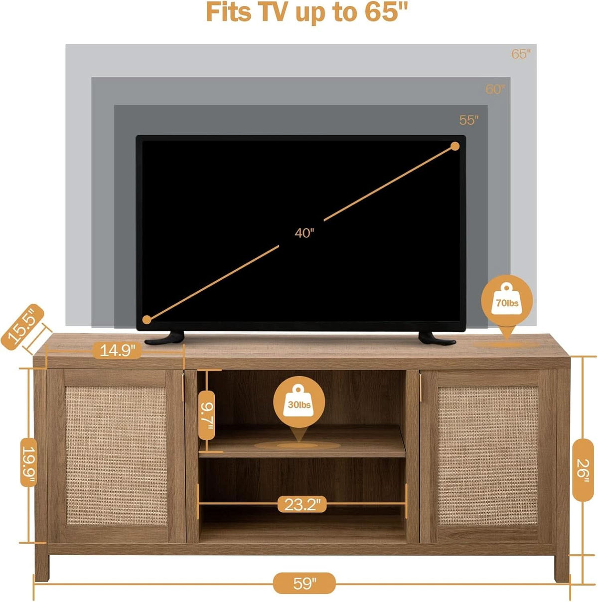 Boho Rattan TV Stand With Adjustable Shelves 59 Inch Oak