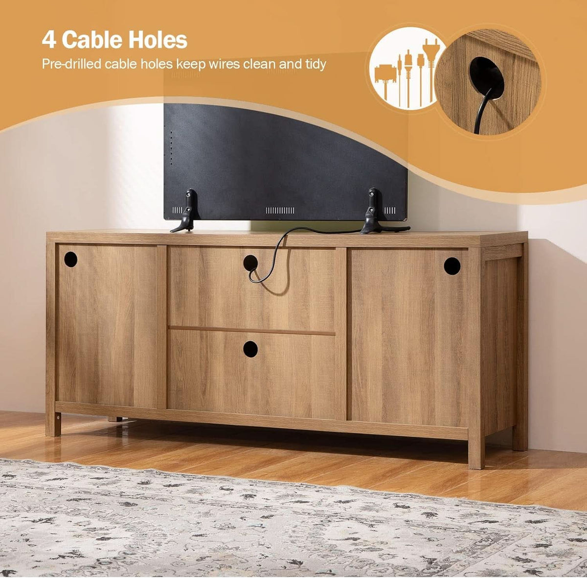 Boho Rattan TV Stand With Adjustable Shelves 59 Inch Oak