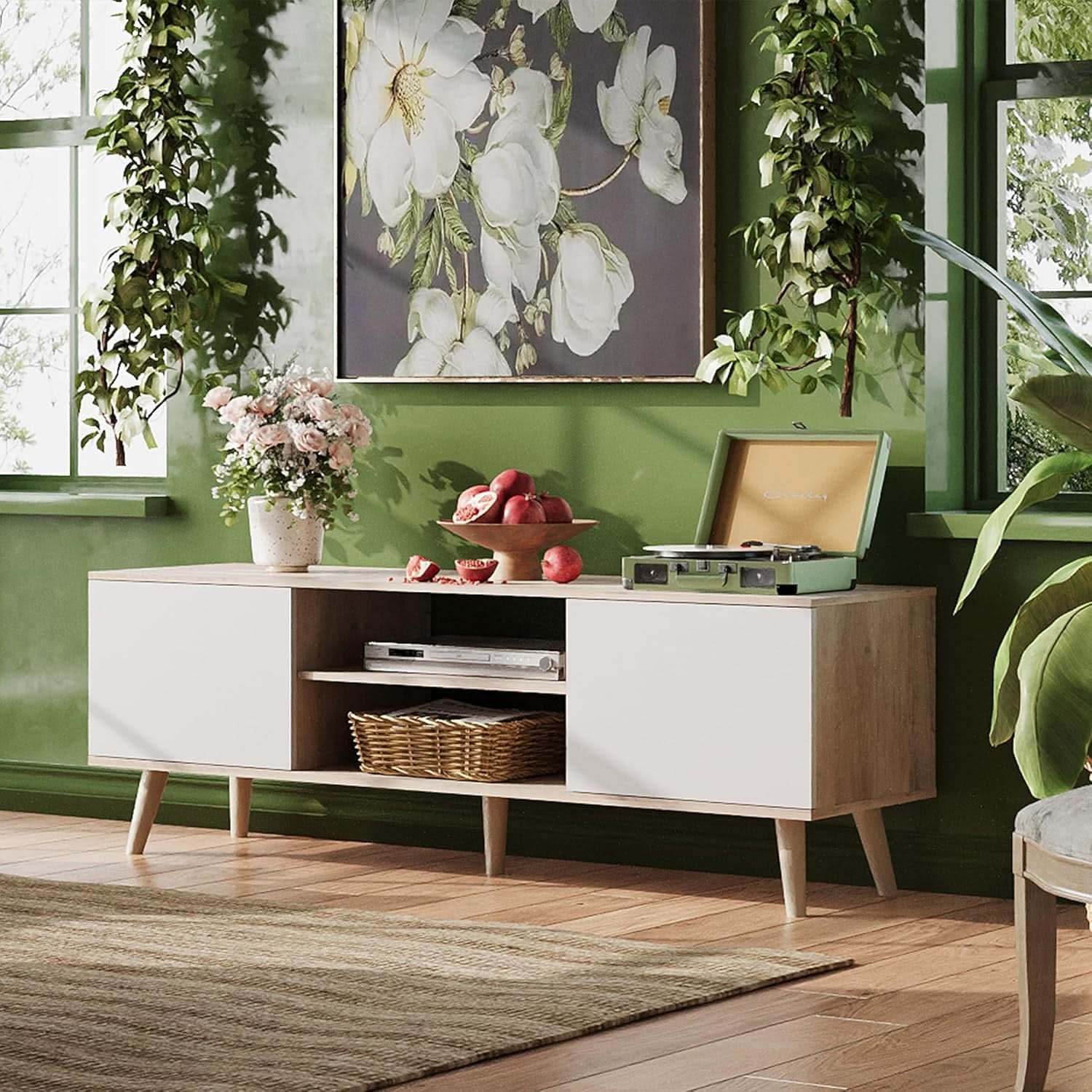 Boho TV Stand 55 To 60 Inch Greige White Sleek Design