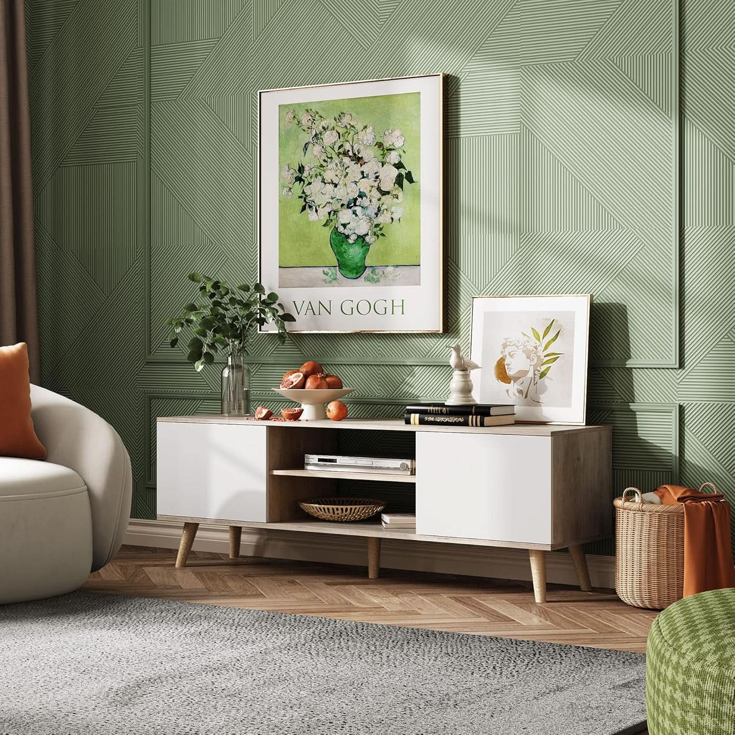 Boho TV Stand 55 To 60 Inch Greige White Sleek Design