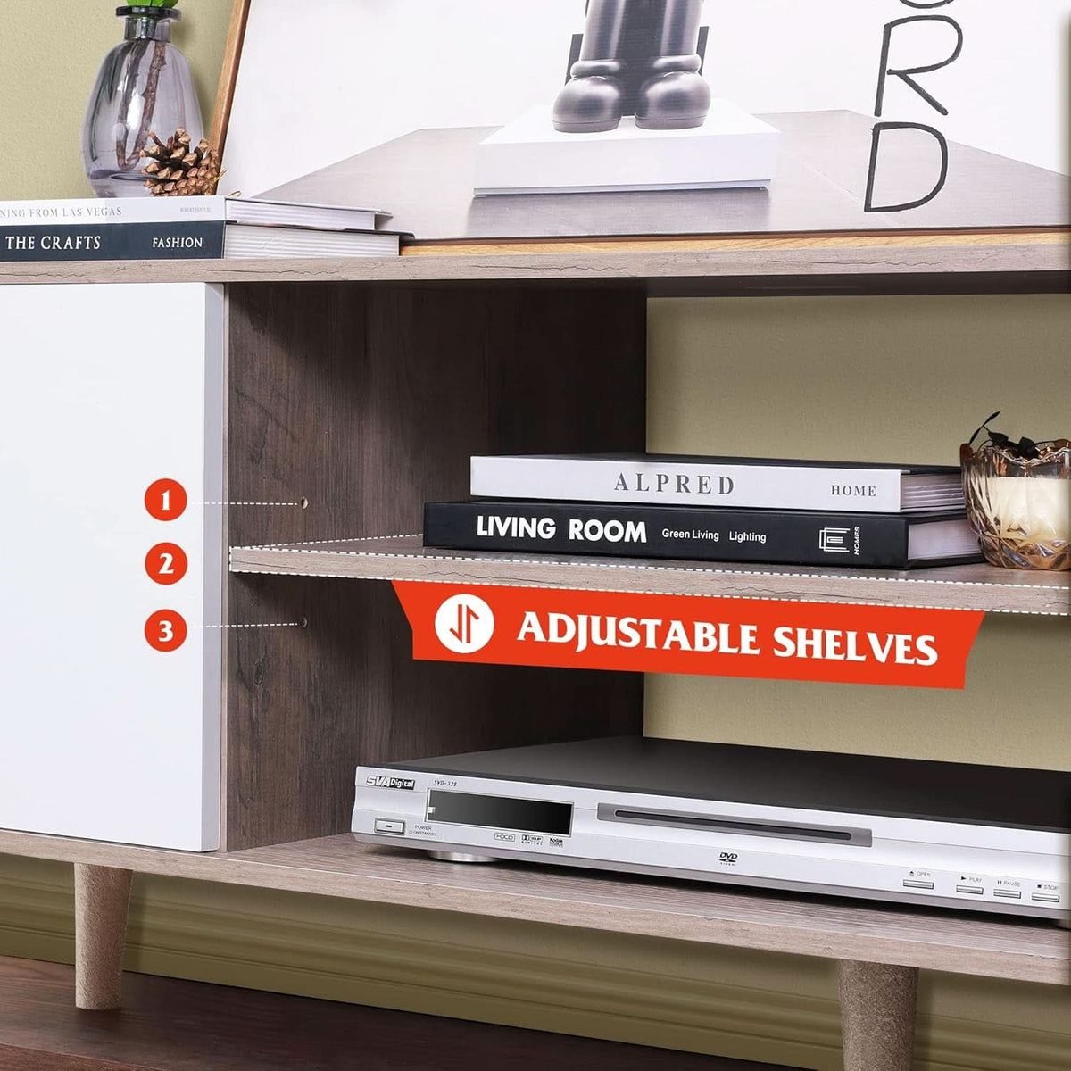 Boho TV Stand 55 To 60 Inch Greige White Sleek Design